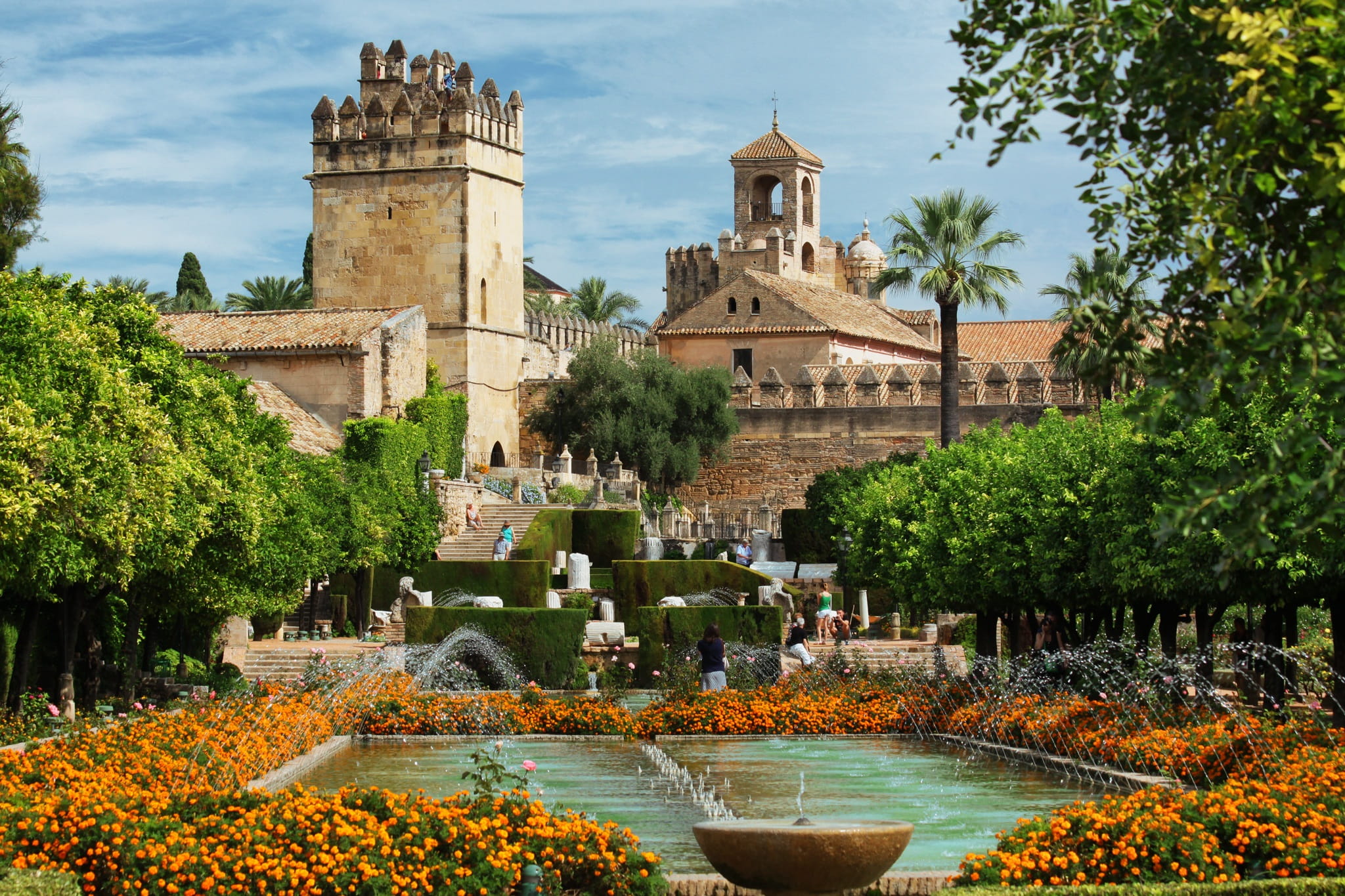 Old, history, famous, beige, spanish, building exterior, pond, tourist, no people, tree, 1080P, the past, built structure, garden, travel destinations, HD Wallpaper