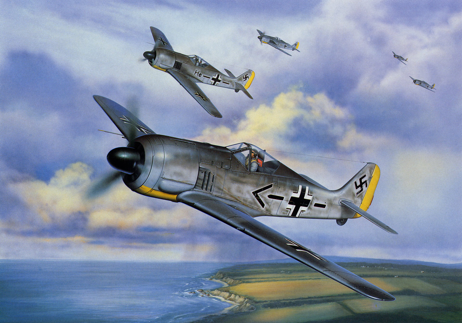 aviation, fighting, painting, side view, air vehicle, fighter plane, airplane, military, flying, mode of transportation, Fw 190, water, motion, military airplane, HD Wallpaper