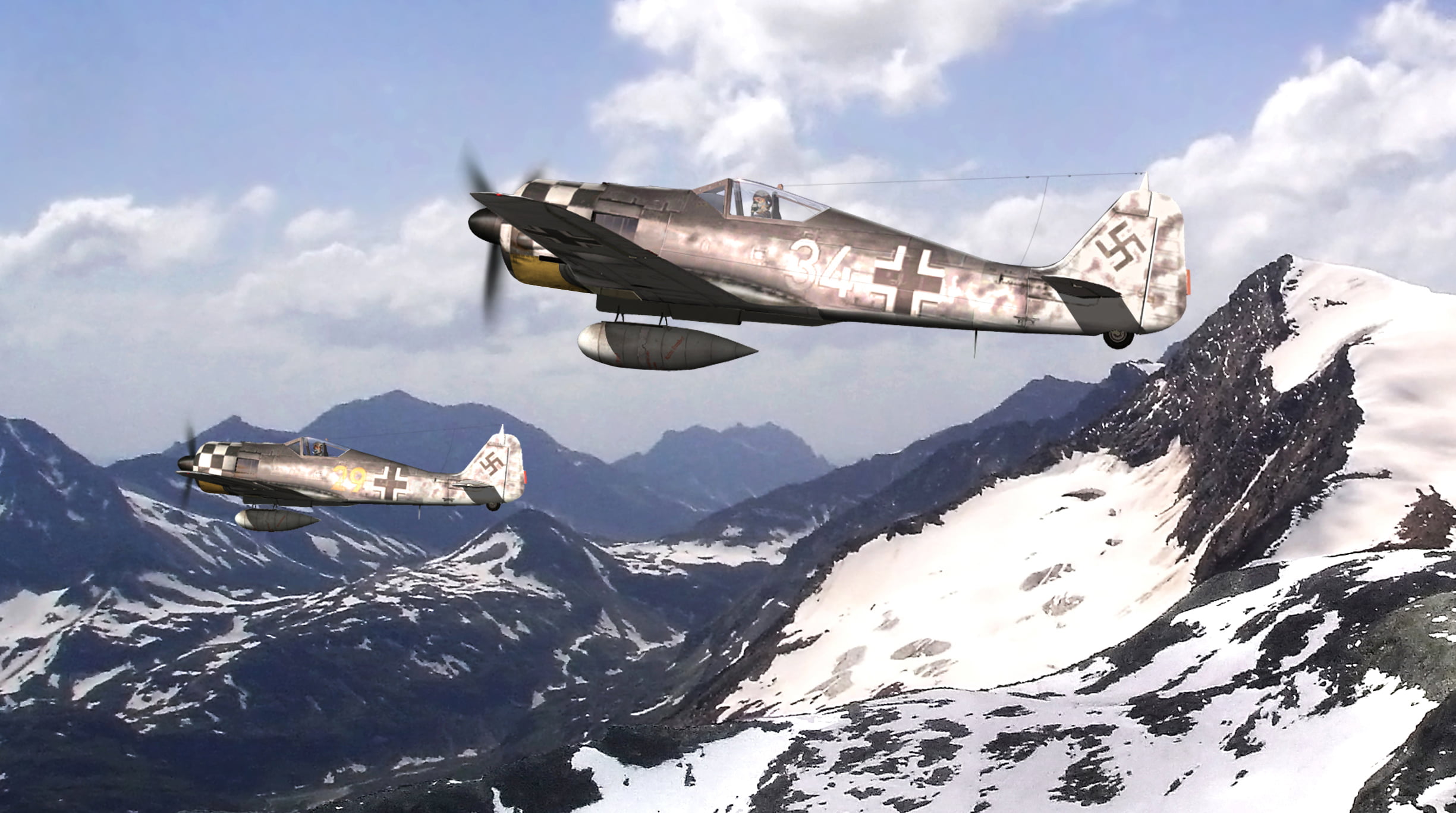 1080P, non-urban scene, snowcapped mountain, nature, WW2, Focke Wulf, tranquil scene, cloud - sky, fighter-bombers, mid-air, gray, mountain range, outdoors, HD Wallpaper