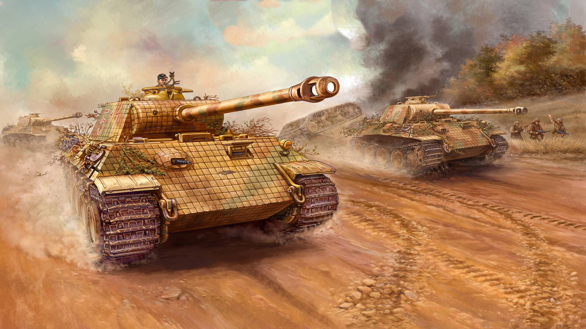 men, flames of war, tanks, panther, adult, military, figure, 1080P, communication, burning, smoke - physical structure, tank, brown, land, art, transportation, HD Wallpaper