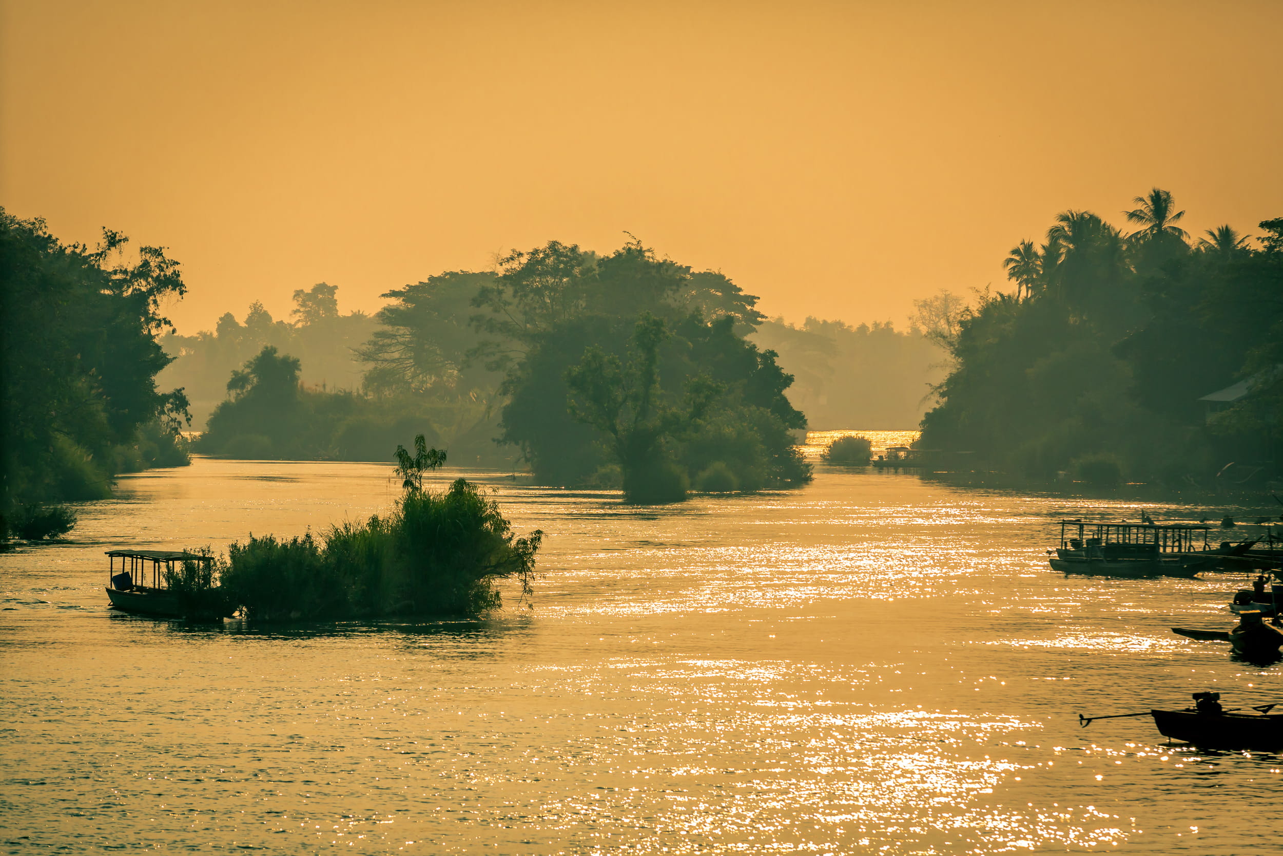 growth, orange color, morning, laos, mekong river, nautical vessel, sunrise, beauty in nature, tranquil scene, waterfront, trees, outdoors, nature, don det, HD Wallpaper