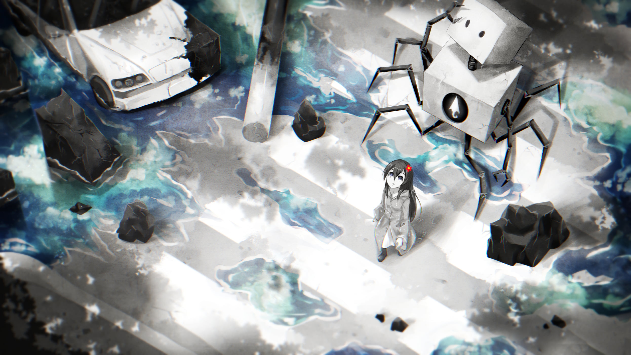 robot, no People, equipment, garbage, still life, metal industry, close-up, cold temperature, haired, blue, machinery, glass - material, indoors, ice, anime, HD Wallpaper