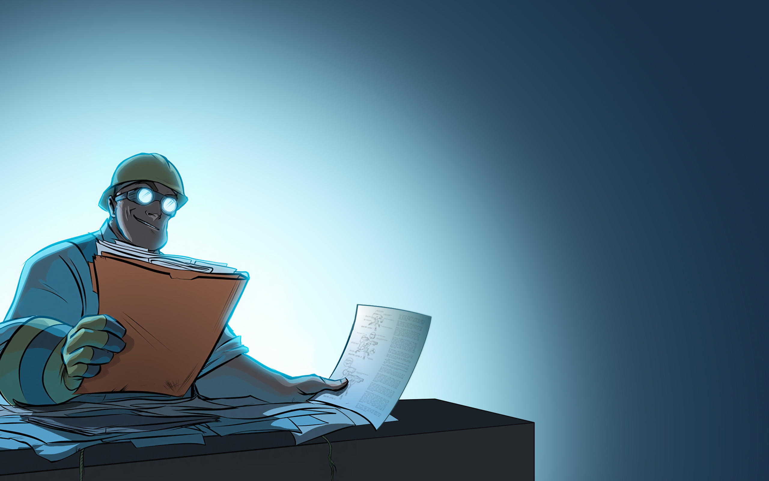 indoors, Team Fortress 2, table, clear sky, blue background, wireless technology, connection, technology, Engineer (character), 2K, young men, copy space, HD Wallpaper