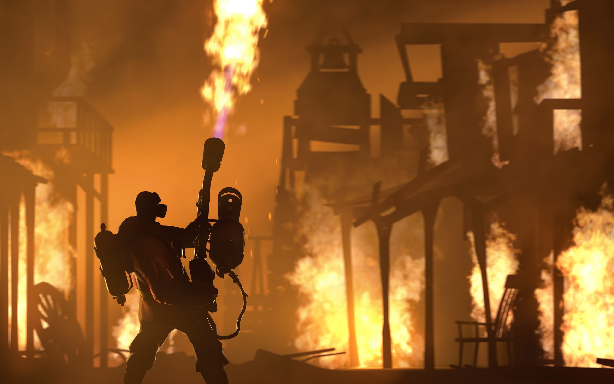 fire - natural phenomenon, building exterior, standing, real people, Team Fortress 2, orange color, outdoors, men, smoke - physical structure, built structure, HD Wallpaper