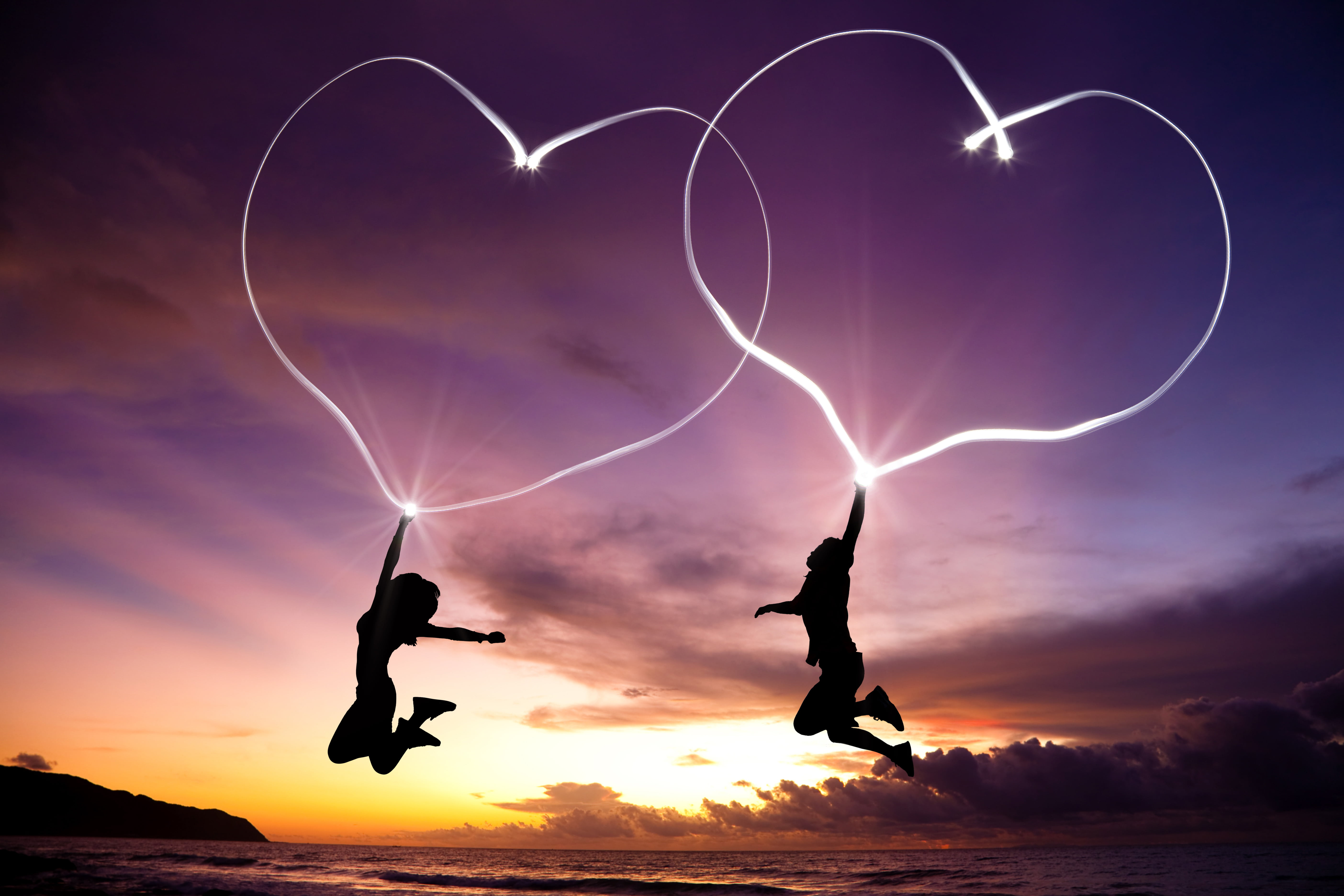 heart shape, cheerful, men, joy, positive emotion, man, mid-air, adult, woman, jumps, cloudscape, males, 5K, jump, happiness, cloud - Sky, beach, landscape, HD Wallpaper