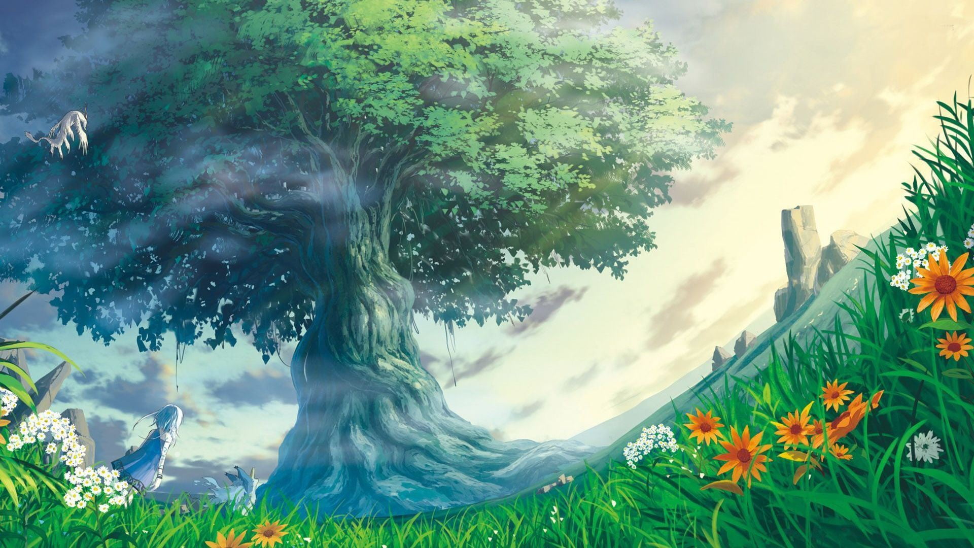 tranquility, painting, grass, life, sky, day, 1080P, green color, water, growth, artwork, tree, motion, beauty in nature, standing, fantasy art, cloud - sky, HD Wallpaper