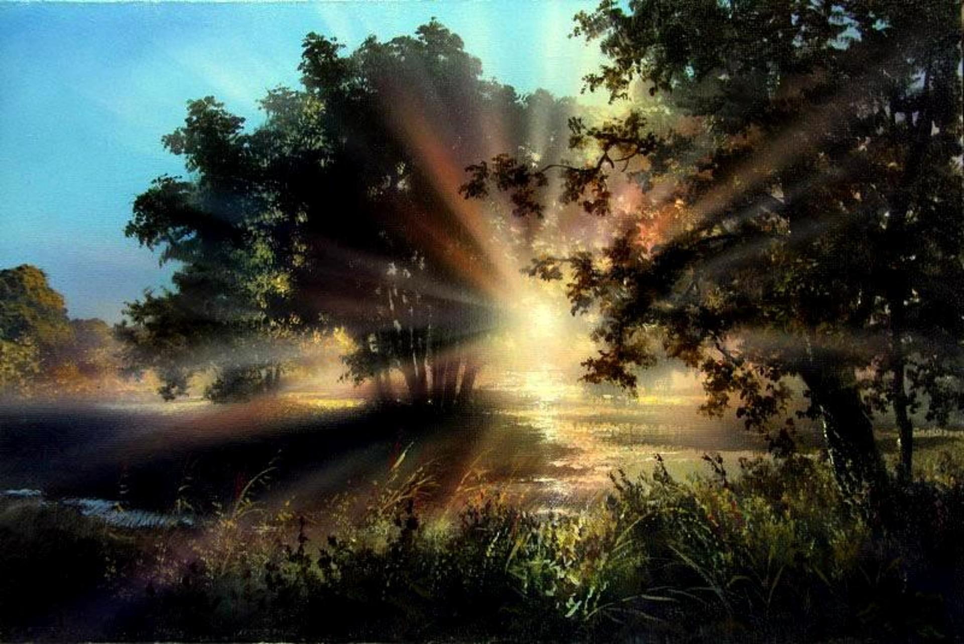 sun, 3d and abstract, 1080P, sun rays, shine, creek, water, meadow, light, trees, let, HD Wallpaper