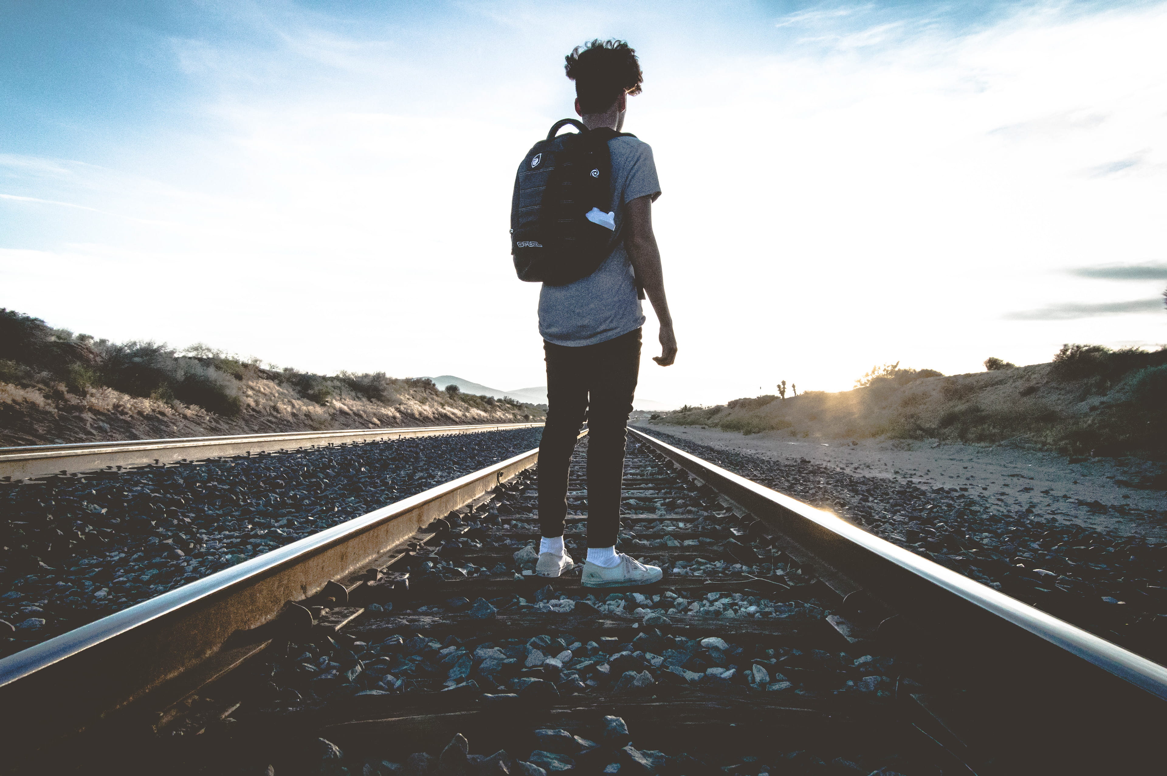 casual clothing, traintrack, gfuel, go, day, rail transportation, tracks, person, nature, diminishing perspective, railway, young men, 4K, sky, let, outdoors, HD Wallpaper