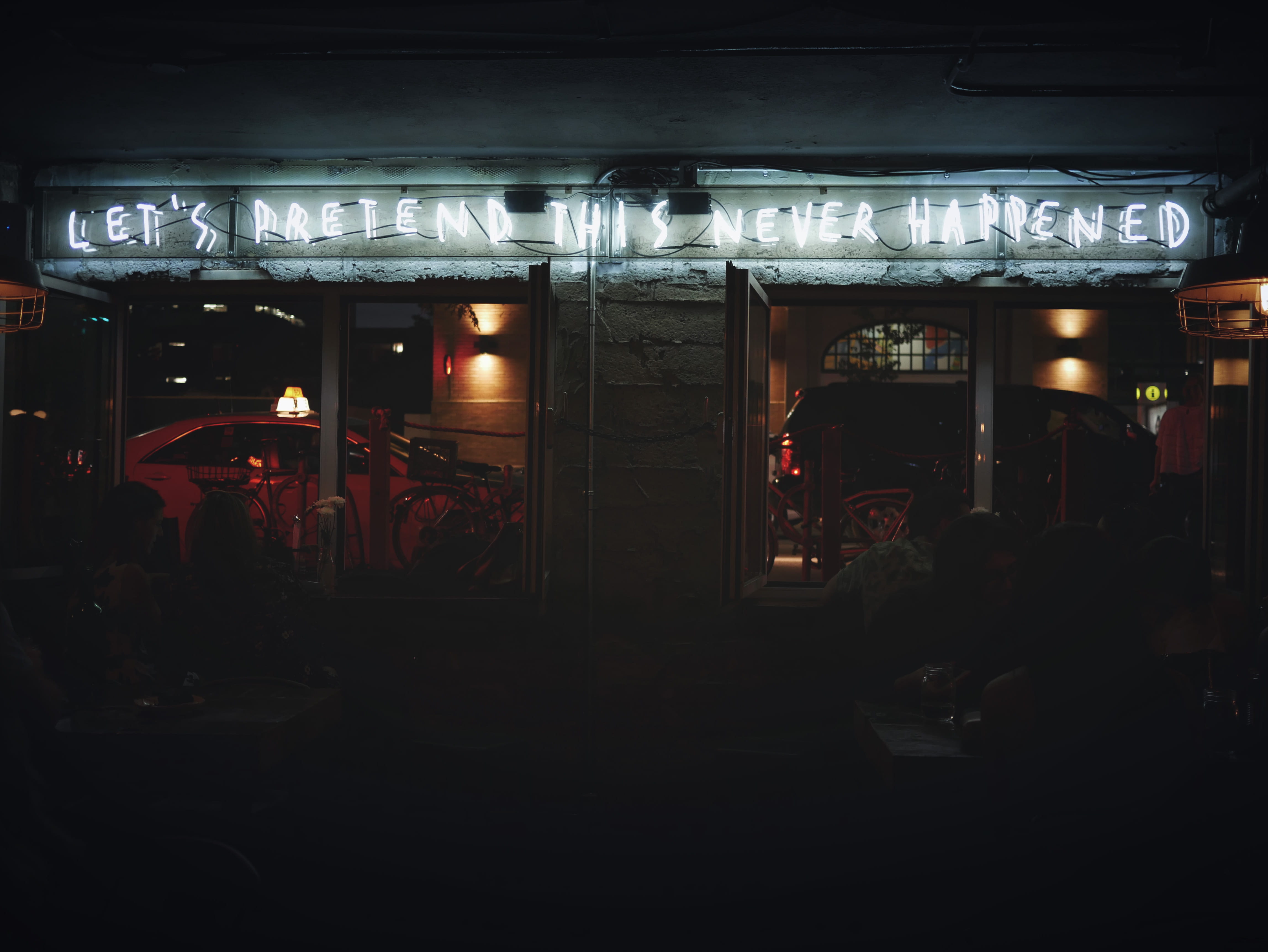 pretend, signage, mode of transportation, city, neon, light, group, turned, architecture, outdoors, sign, women, real people, men, s, incidental people, HD Wallpaper