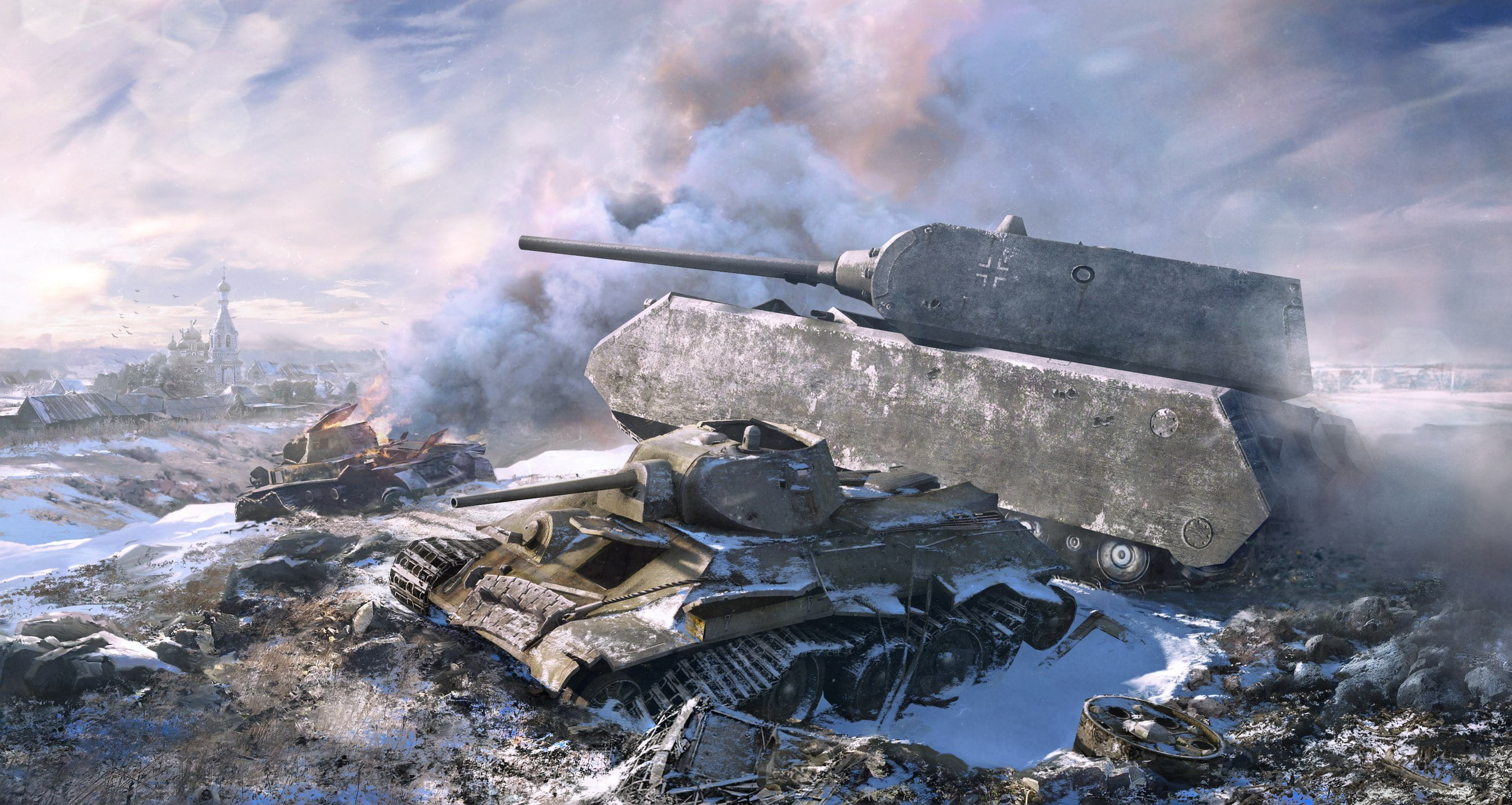 nature, damaged, fire - Natural Phenomenon, stack, 2K, cold temperature, metal, power, exploding, steel, conflict, military, tank, gray, army, snow, destruction, HD Wallpaper