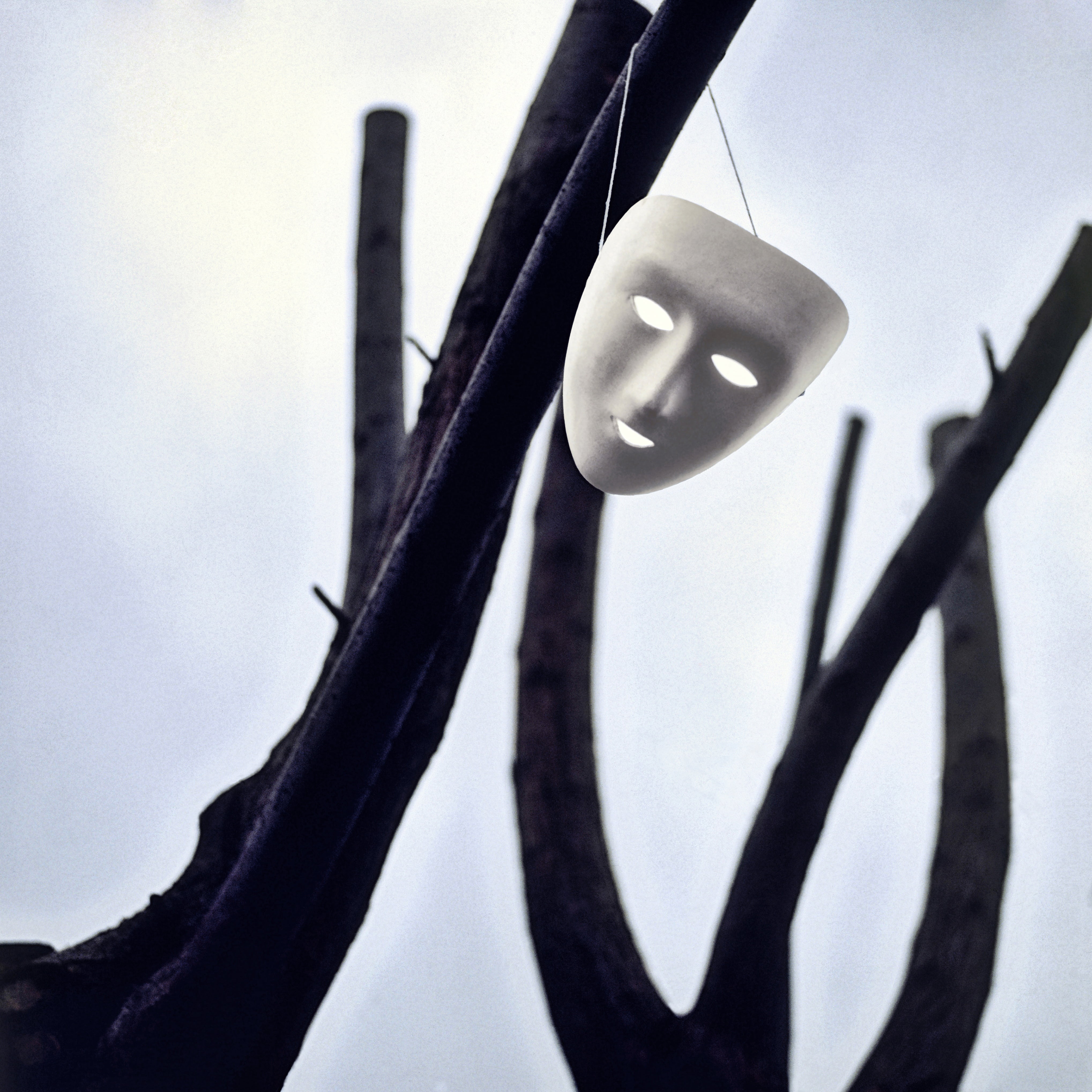 mask, clear sky, emotion, close-up, day, white, shape, low angle view, wall - building feature, sky, metal, design, branch, no people, illusion, strangeness, Phone HD Wallpaper