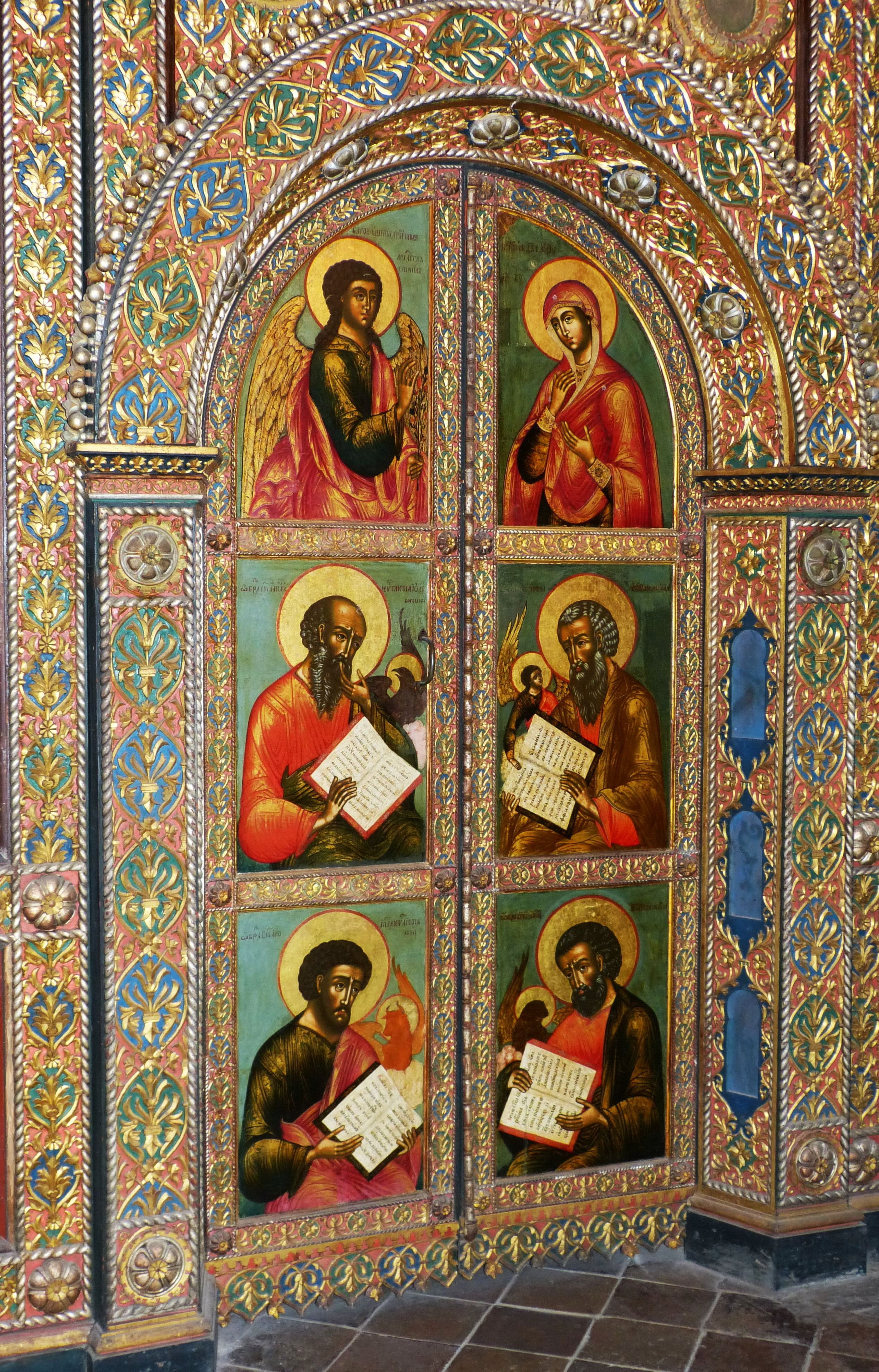 no people, believe, representation, Orthodox, male likeness, golden, creativity, monastery, human representation, architecture, Golden Ring, mural, indoors, Phone HD Wallpaper