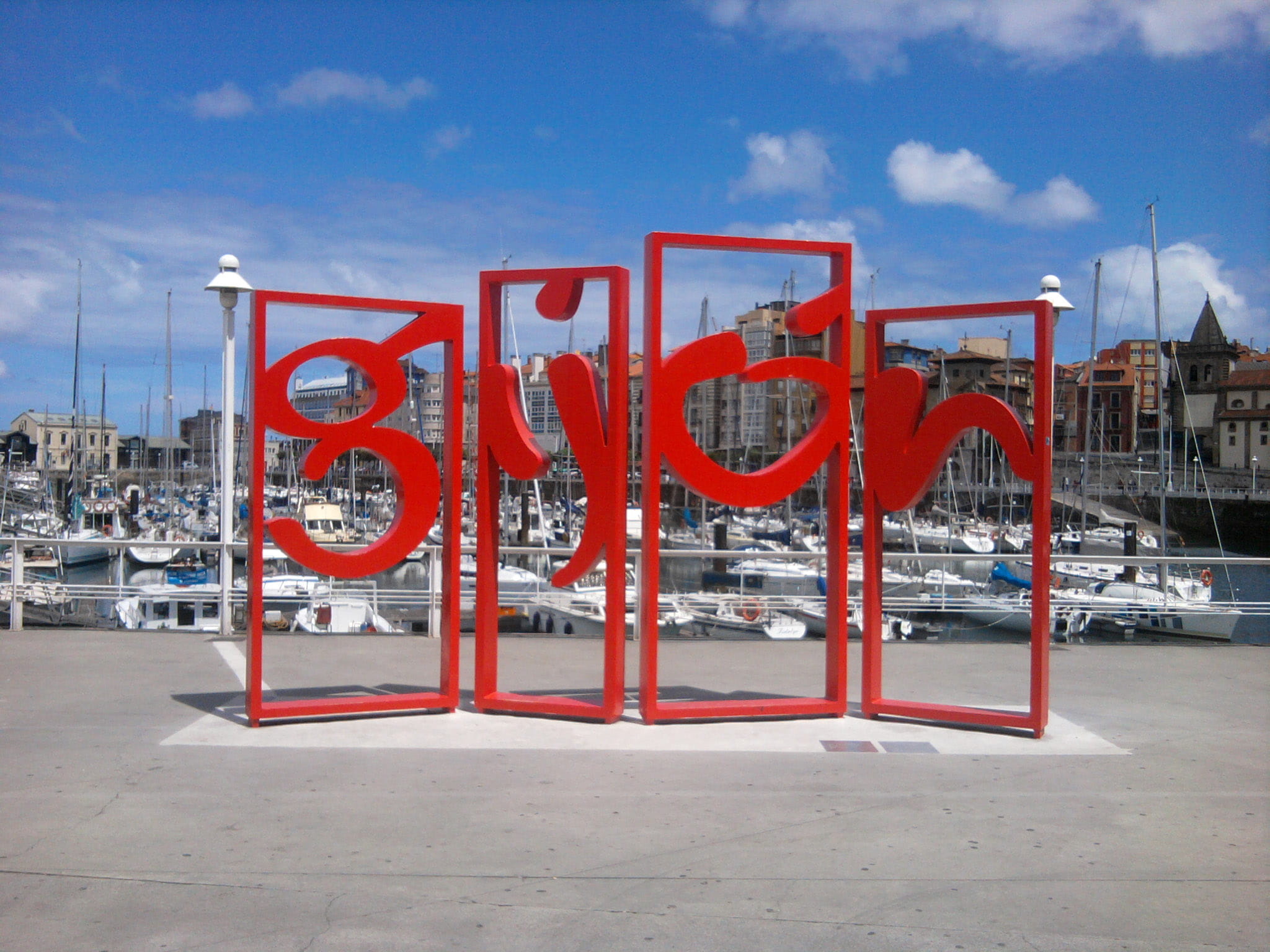Spain, transportation, cloud - sky, building exterior, art, photos, blue, text, red, outdoors, 1080P, gijon, sky, name, nature, modern art, city name, HD Wallpaper
