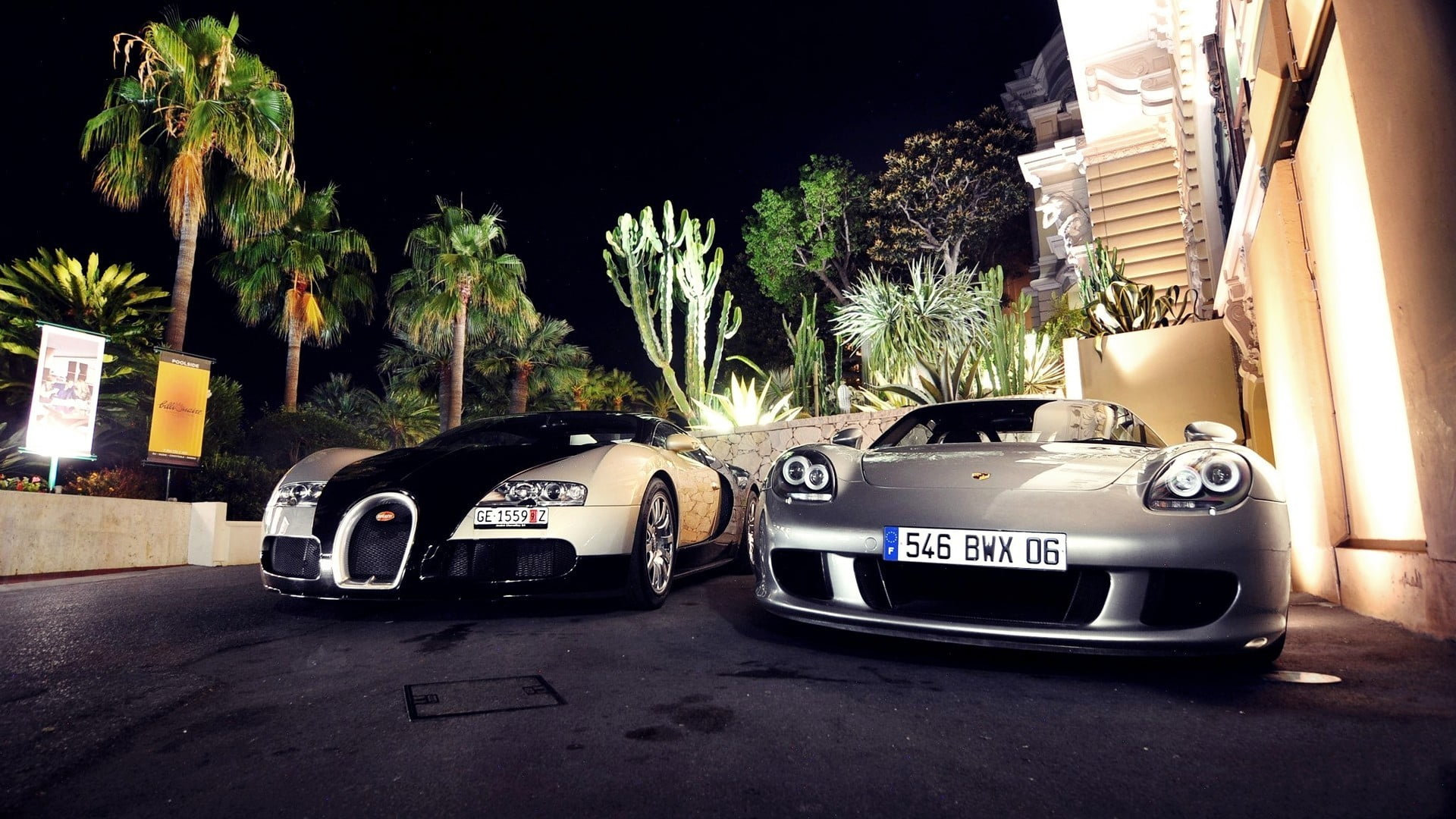 Bugatti Veyron, 1080P, architecture, building exterior, built structure, street, parking, Porsche Carrera GT, retro styled, car, nature, mode of transportation, HD Wallpaper