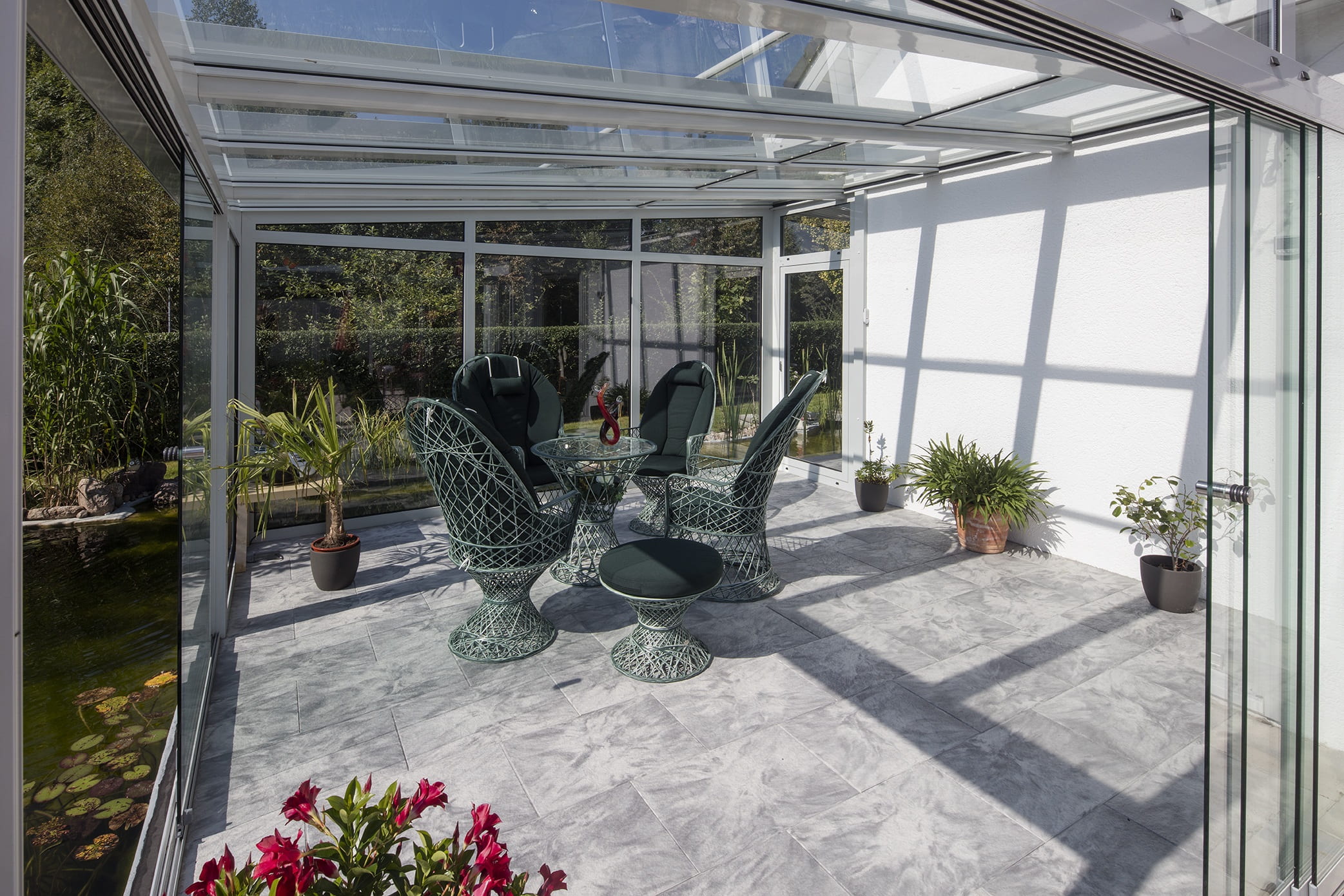 chair, setup, aluminium winter garden, garden, out, living room, winter garden, architecture, indoors, flower, built structure, sunlight, day, flowering plant, HD Wallpaper