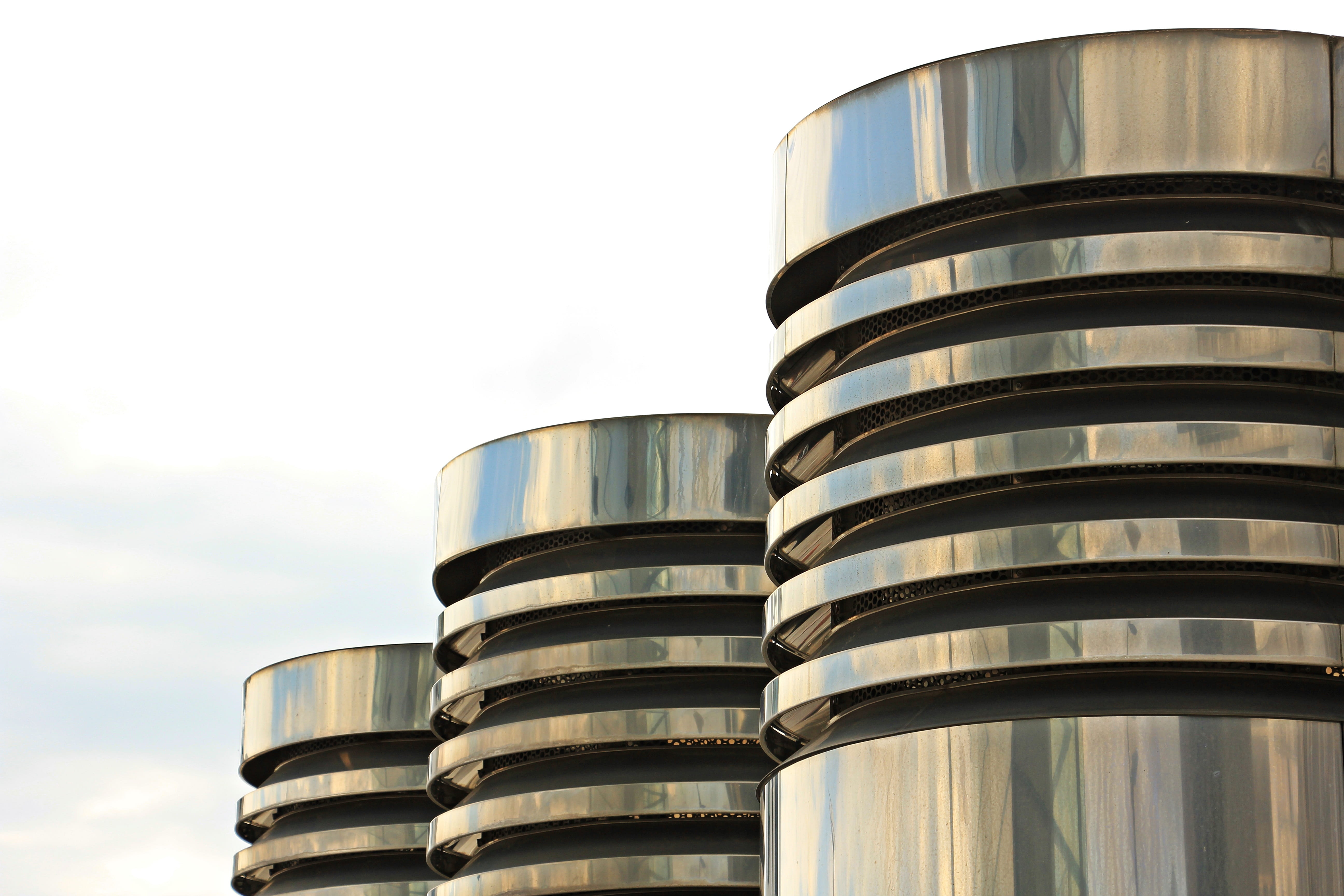 steel, germany, tourism, modern architecture, photo, chrome, pattern, shiny, clear sky, factory, columnar, close up, building, stainless steel, close, silver, HD Wallpaper