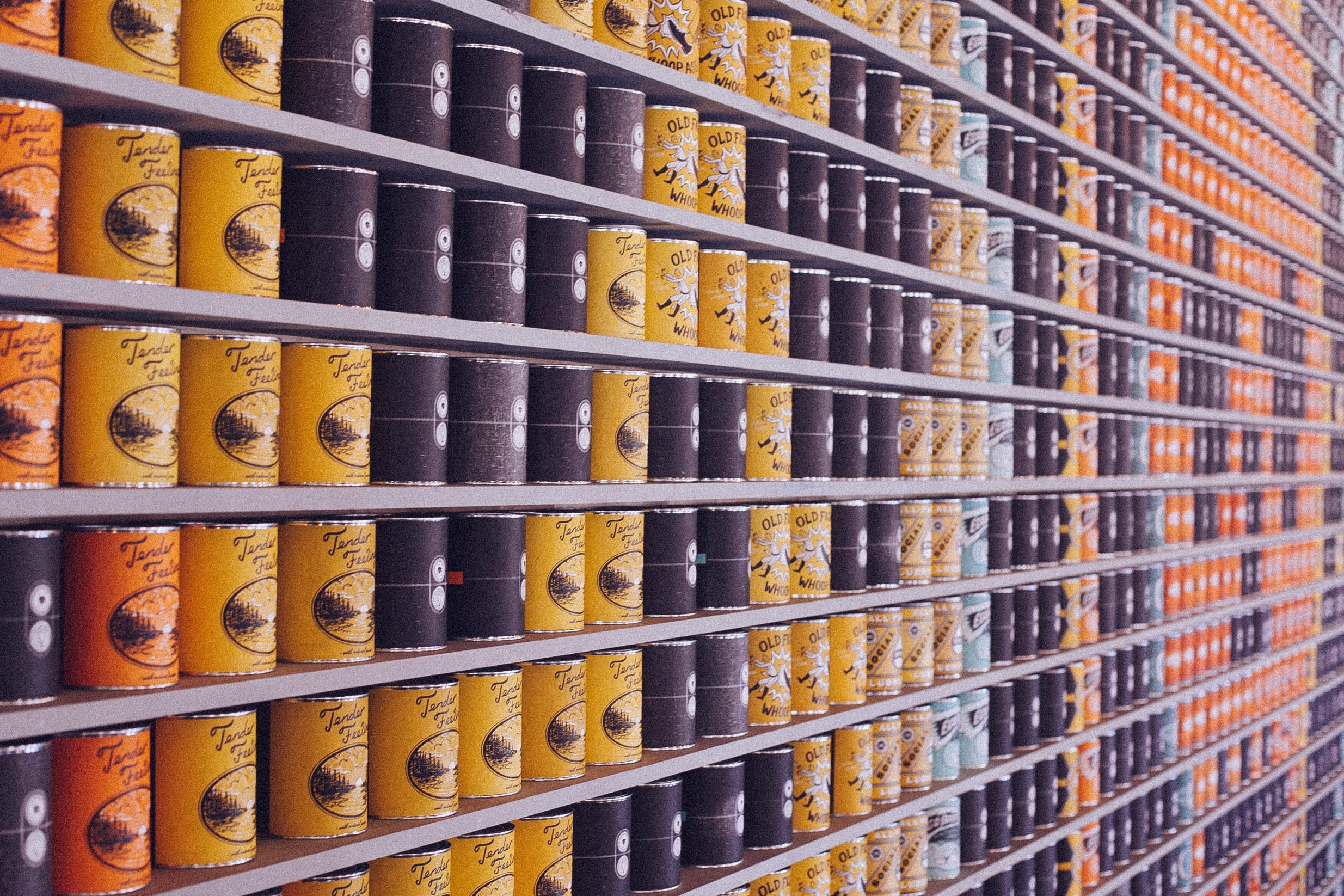large group of objects, tin, indoors, full frame, no people, file, shopping, in a row, canned food, food, abundance, yellow, backgrounds, container, can, HD Wallpaper
