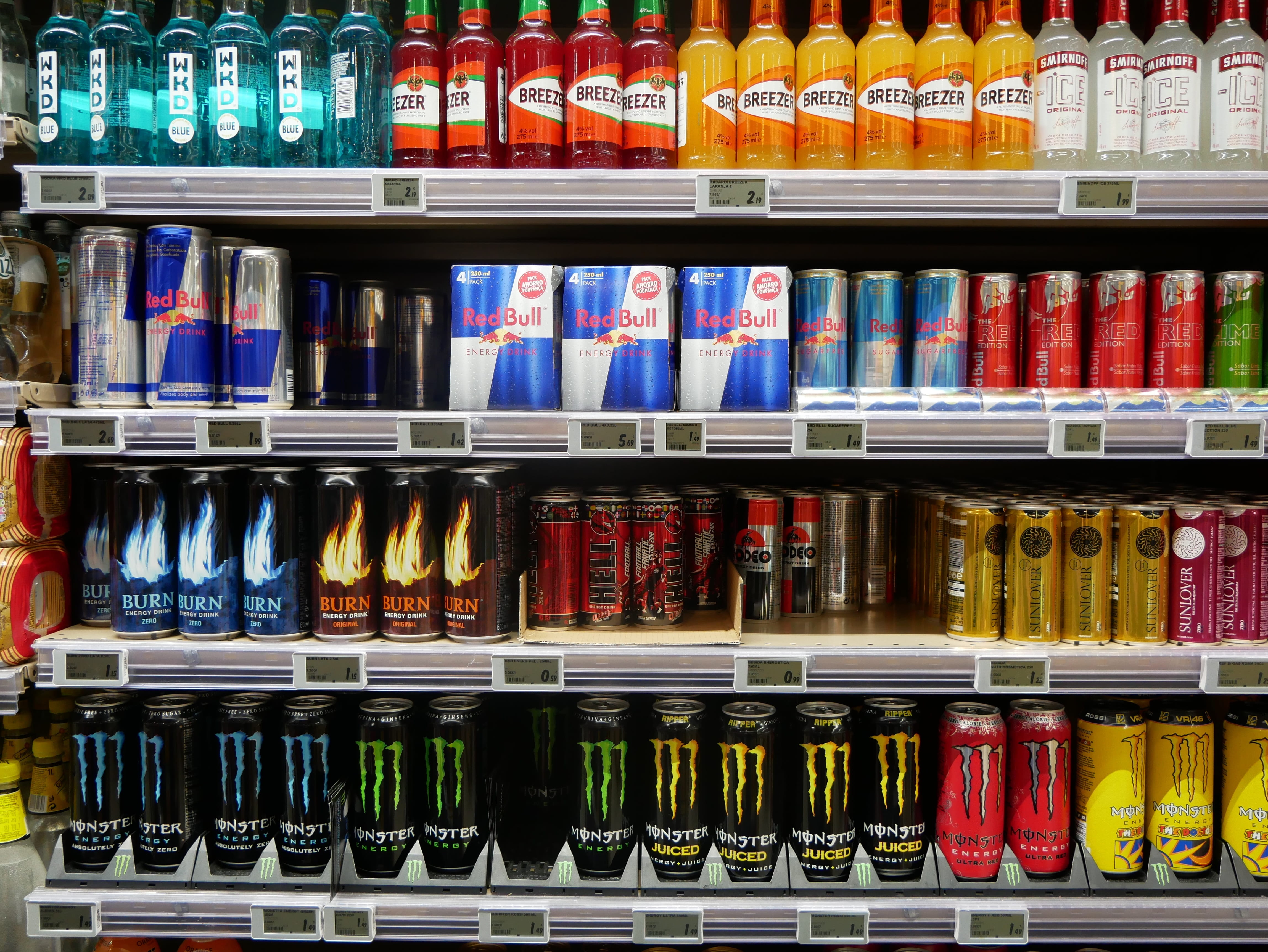 indoors, store, container, portfolio of brands, food and drink, supermarket, retail, food and beverages, drink, close-up, product, energy drink, arrangement, HD Wallpaper
