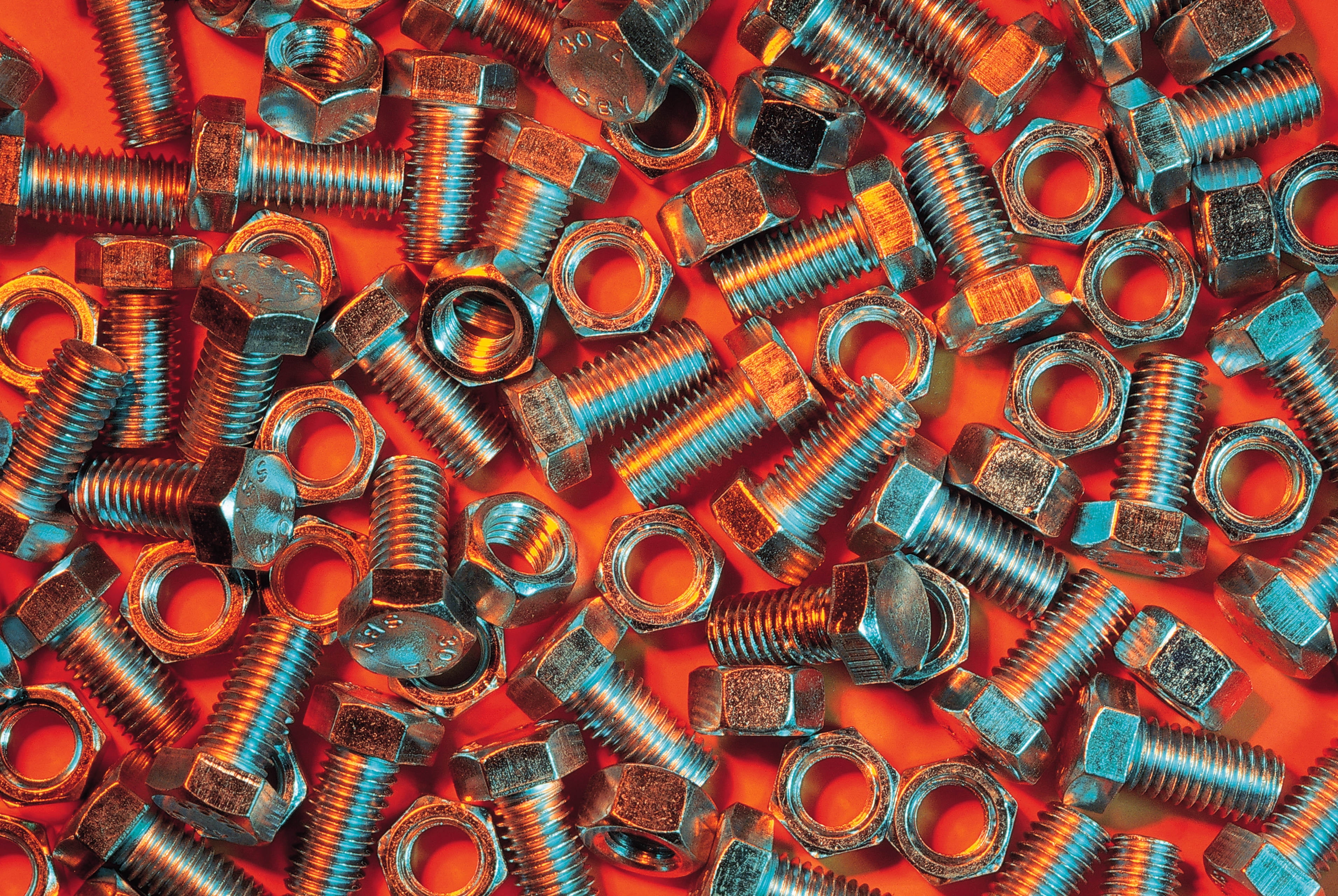 steel, macro, screw, group of Objects, equipment, large Group of Objects, indoors, repetition, part Of, industry, abundance, iron - Metal, orange background, HD Wallpaper