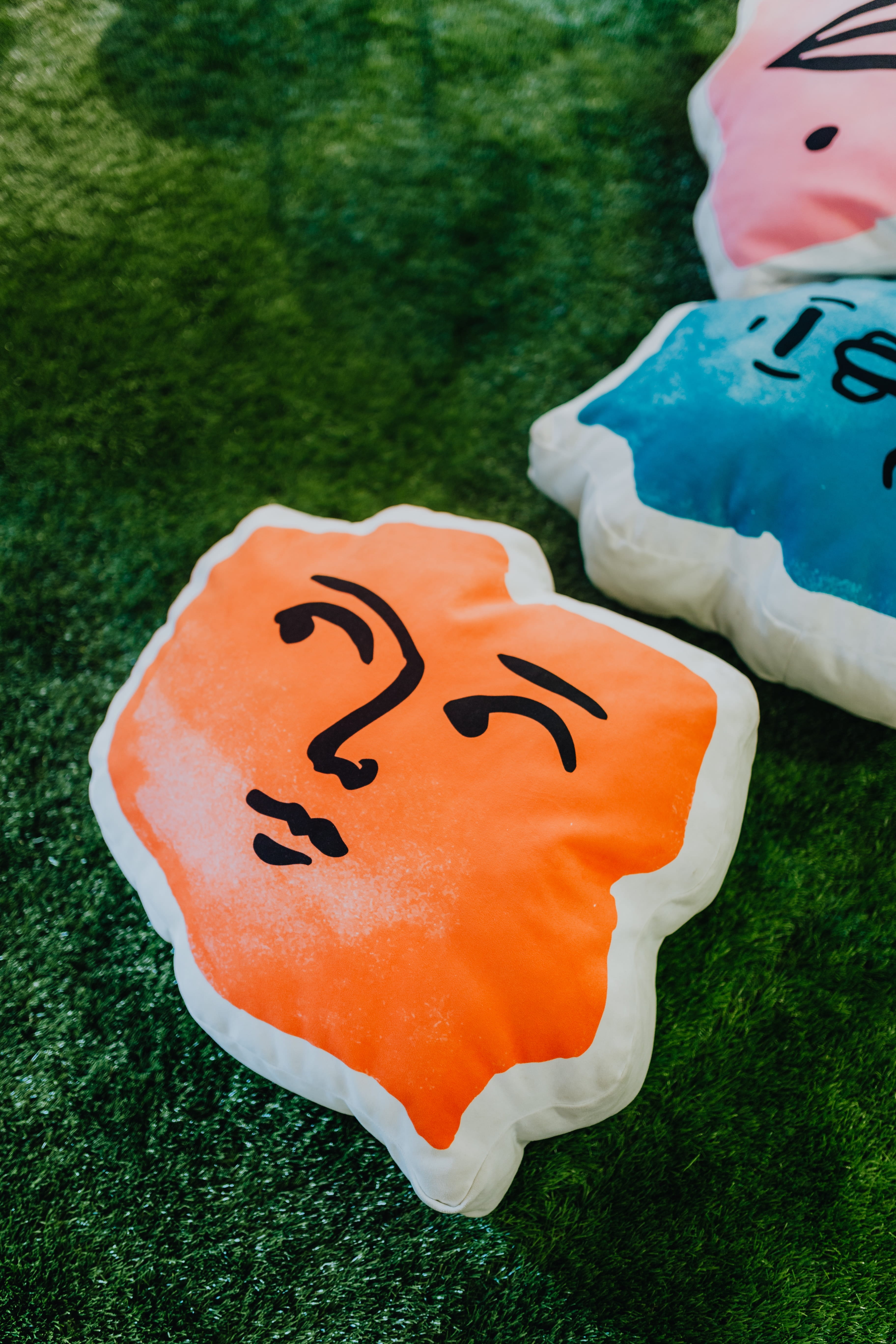 no people, anthropomorphic, representation, anthropomorphic face, close-up, Poland, lodz design festival, creativity, grass, ŁDF, pillows, number, green color, Phone HD Wallpaper