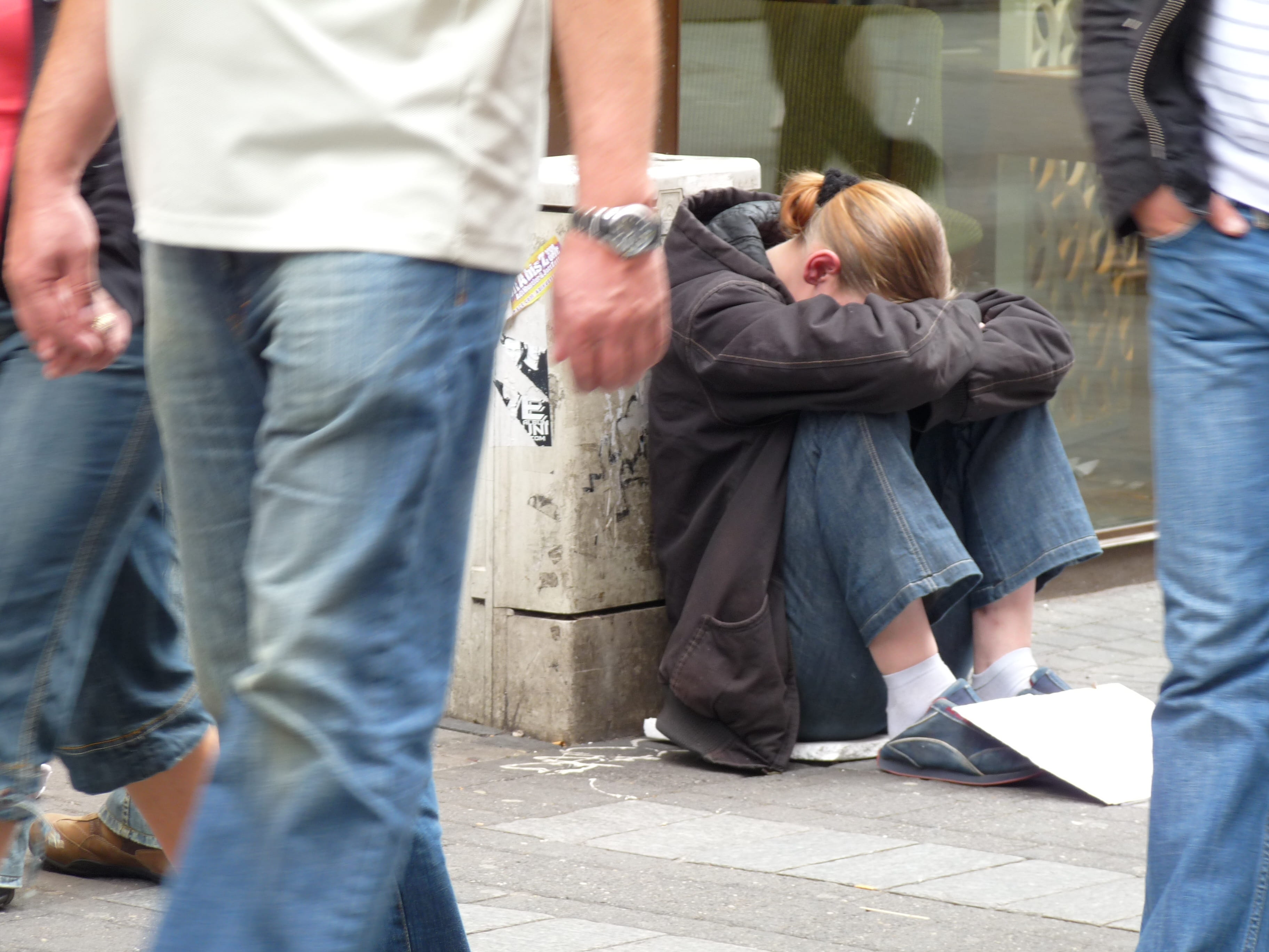 crime, poverty, casual clothing, cry, standing, street, rear view, men, outdoors, homeless, social issues, beggar woman, incidental people, people, adult, HD Wallpaper