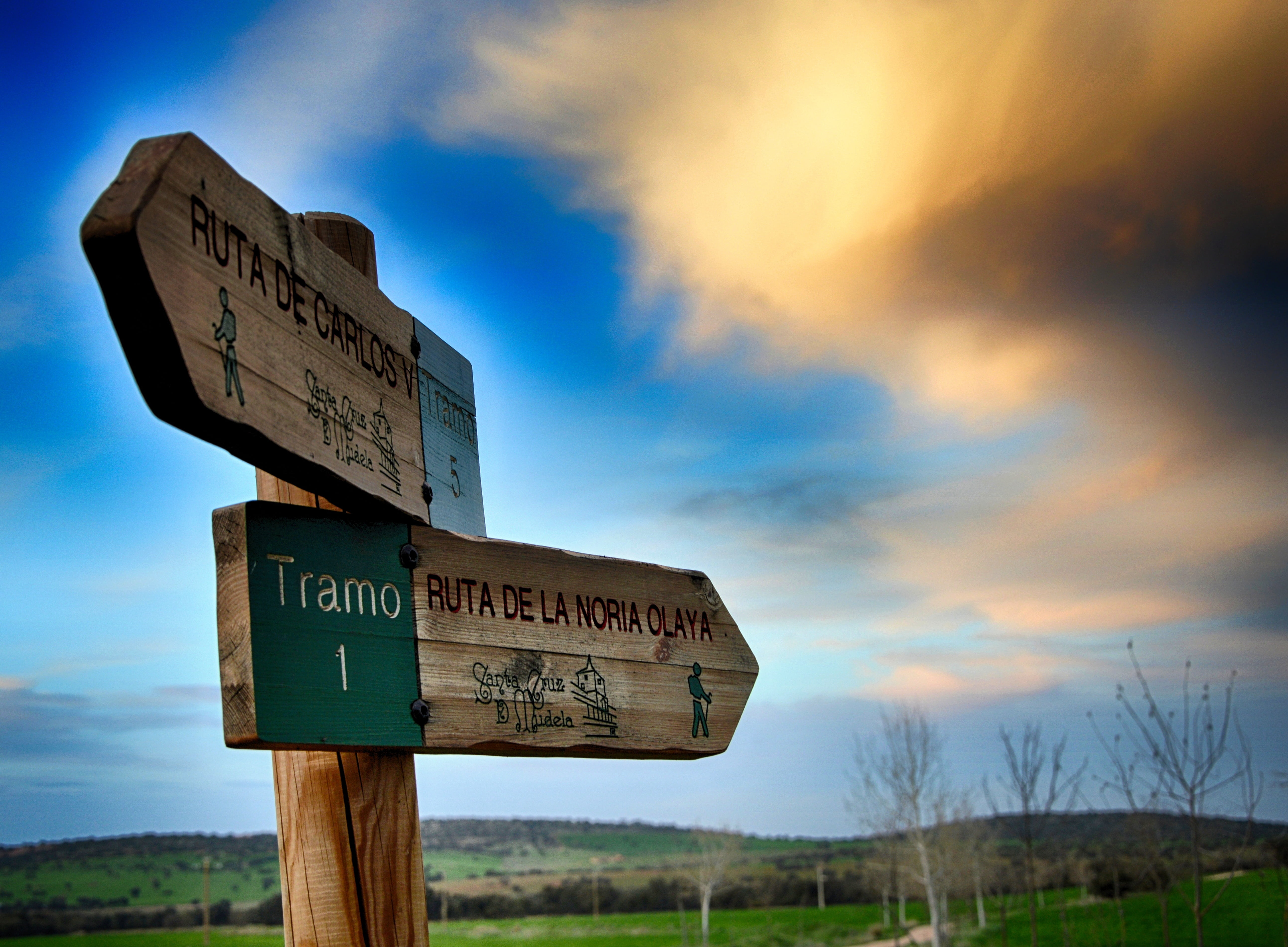 communication, 5K, nature, poster, western script, land, direction, signals, symbol, sky, information sign, outdoors, sunset, landscape, clouds, guidance, HD Wallpaper