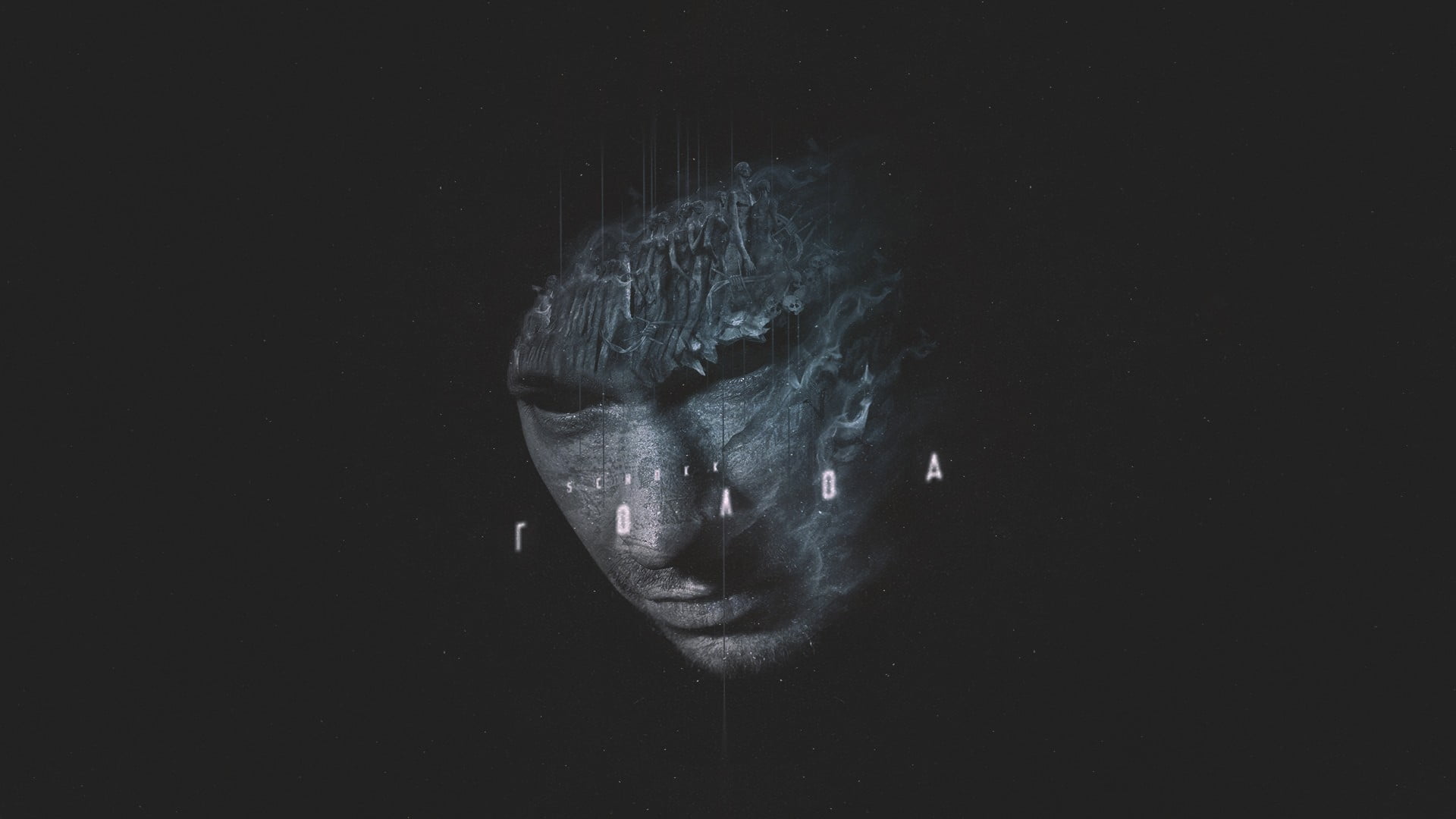 obscured face, black, black background, 1080P, indoors, adult, one person, bizarre, textile, human face, front view, bangs, gray, print, close-up, looking at camera, HD Wallpaper