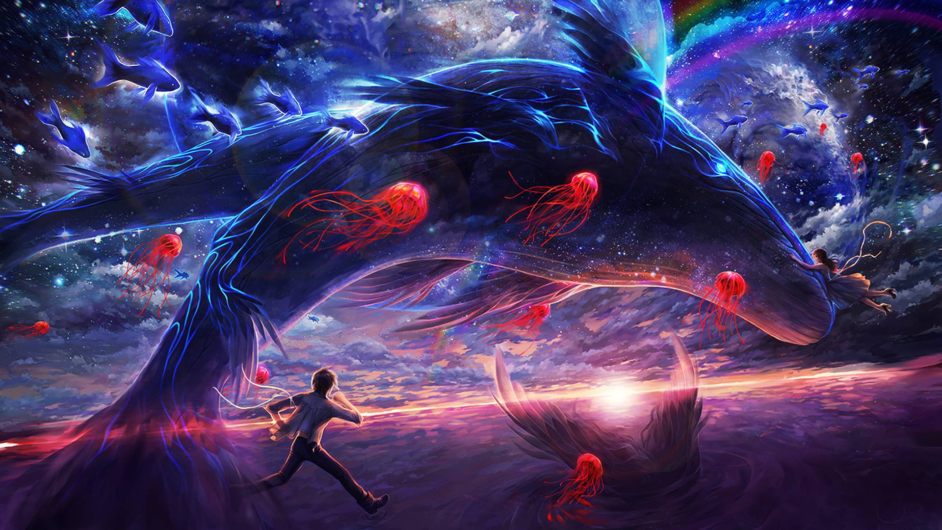 hd, 1080P, fantasy, whale, jellyfish, HD Wallpaper