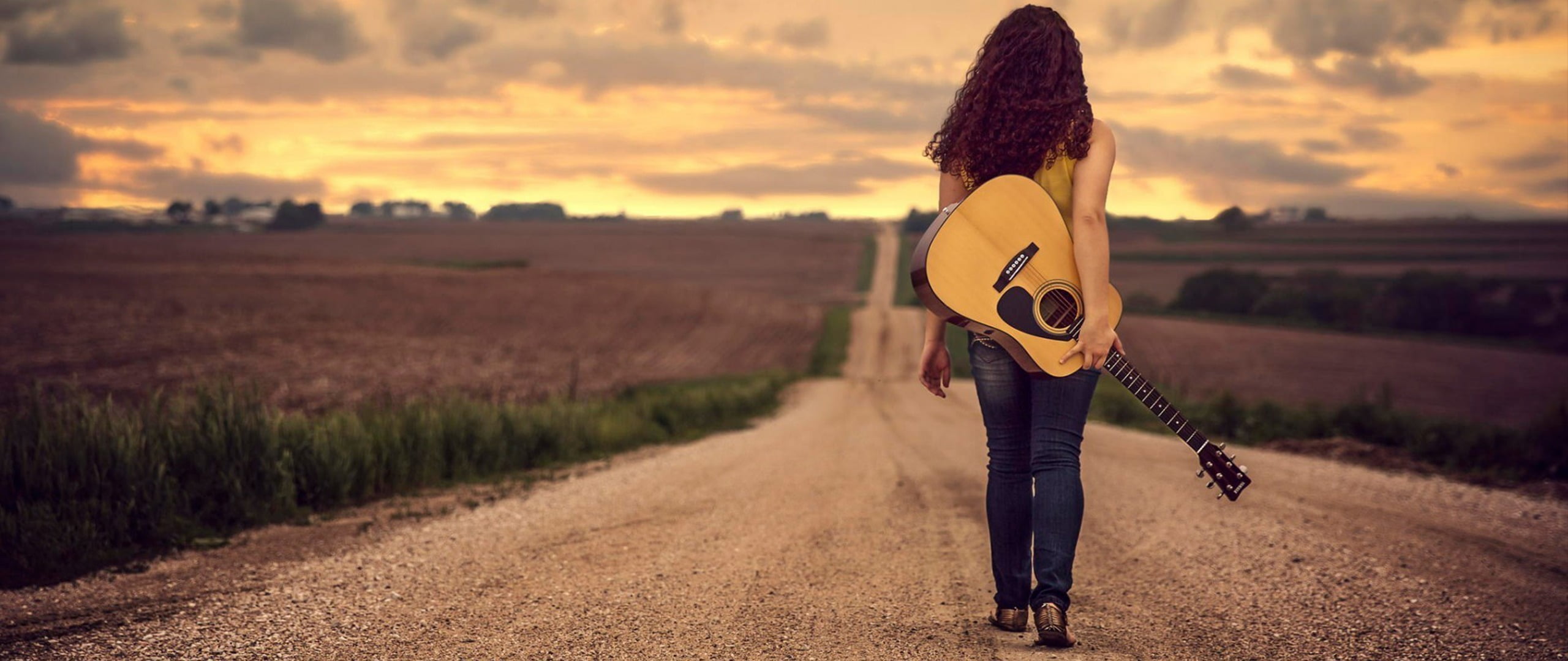 women, young adult, carrying, standing, nature, acoustic, music, rear view, one person, ultra-wide, string instrument, transportation, 2K, adult, photography, HD Wallpaper