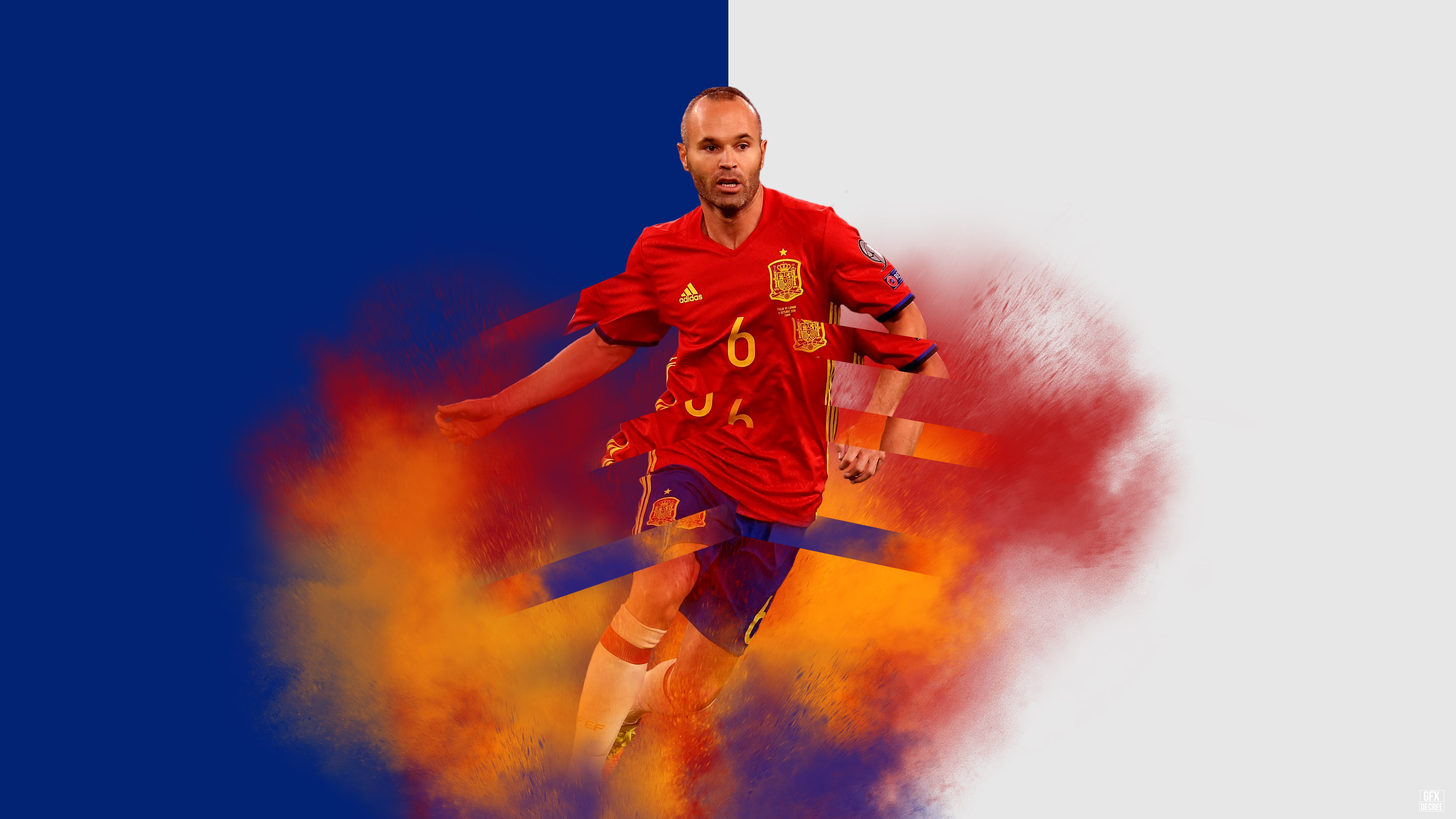 4K, FC Barcelona, blue, red, shorts, shirt, 4K, man, wearing, white, yellow, jersey, background, Andres Iniesta, HD Wallpaper