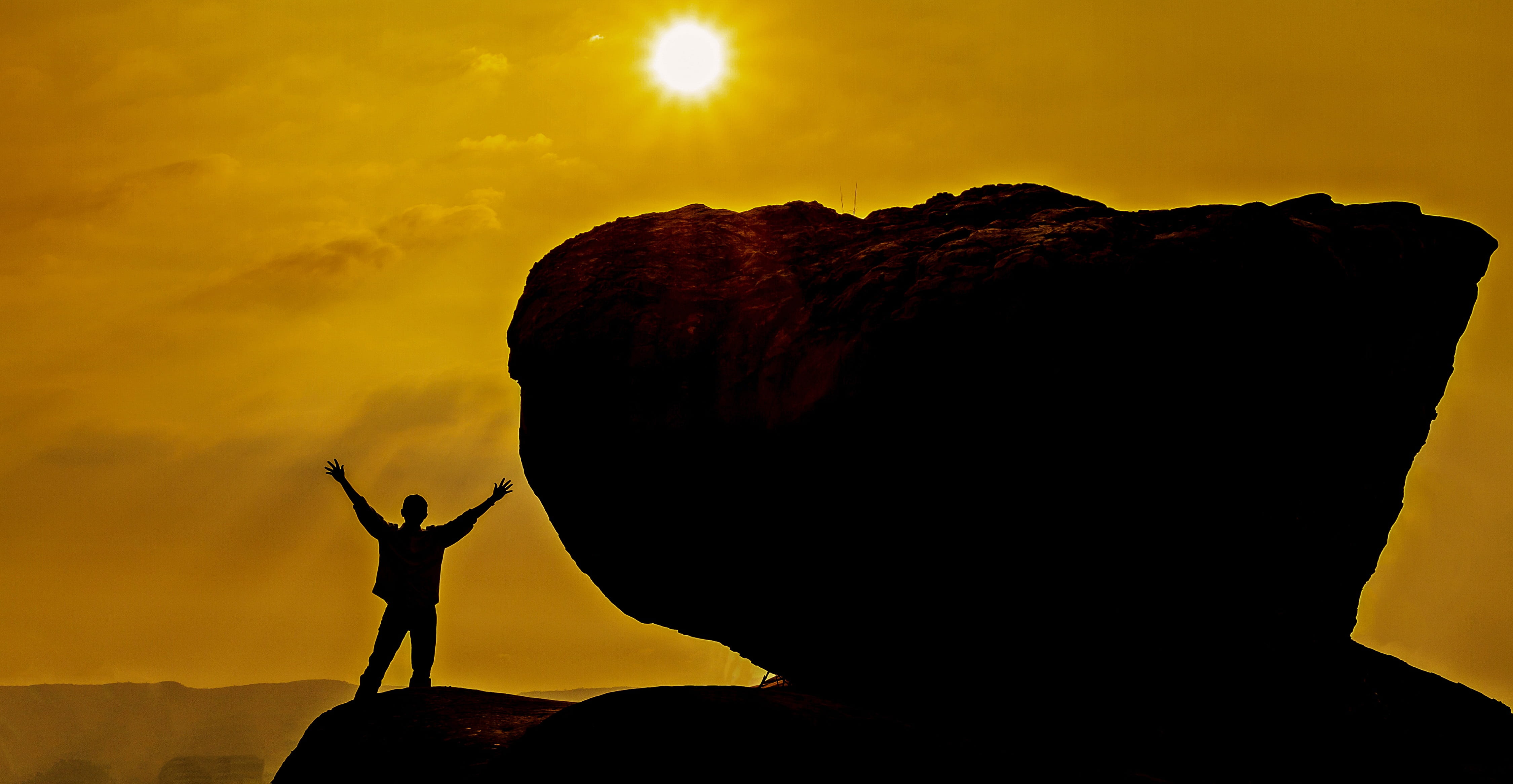 orange, rock, emotion, human arm, arms raised, stone, trek, victory, success, dom, men, mountain, adult, cloud - sky, people, positive emotion, silhouette, HD Wallpaper