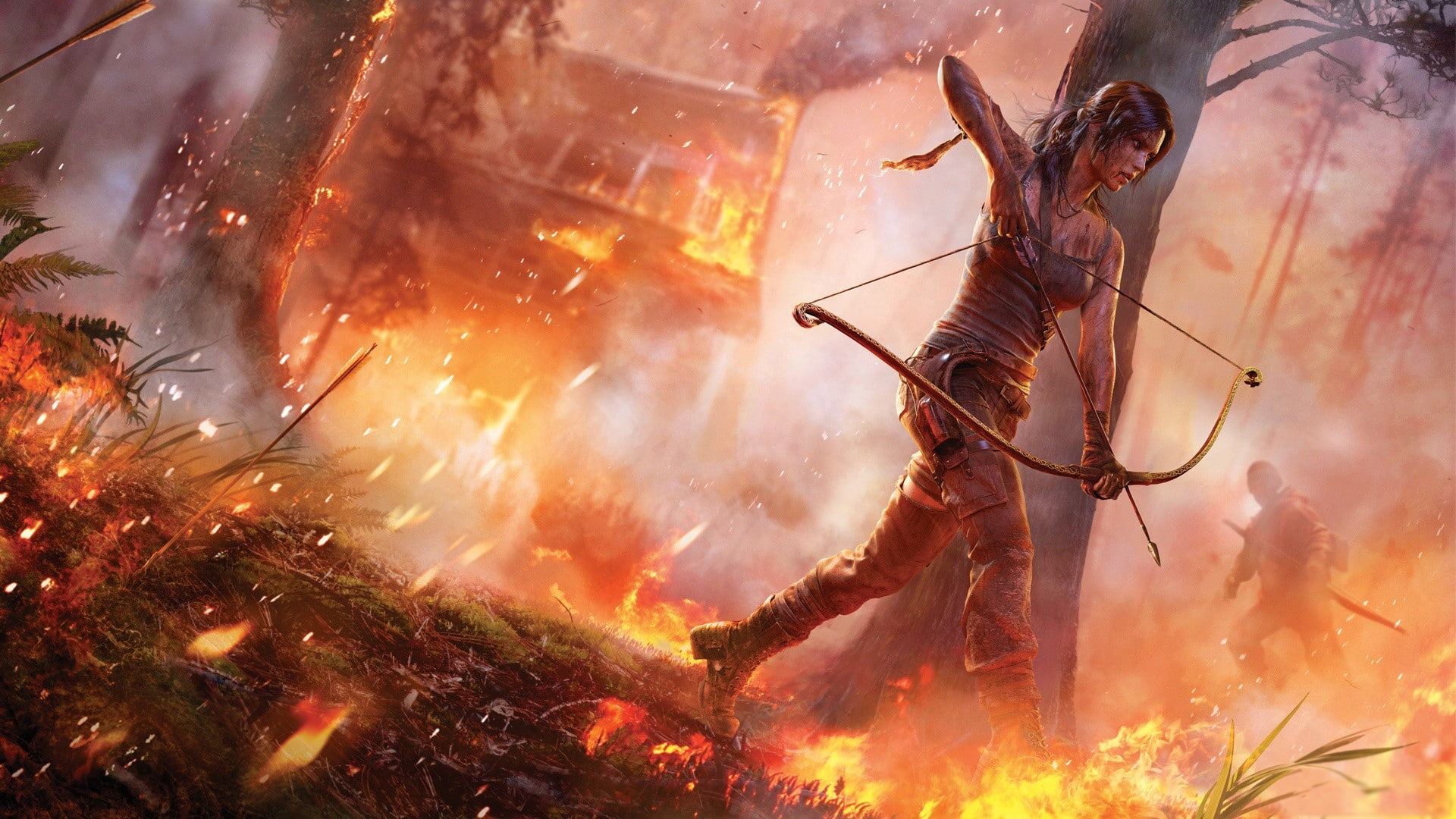 tomb, croft, lara, bow, arrow, 1080P, video games, hd, fire, raider, HD Wallpaper