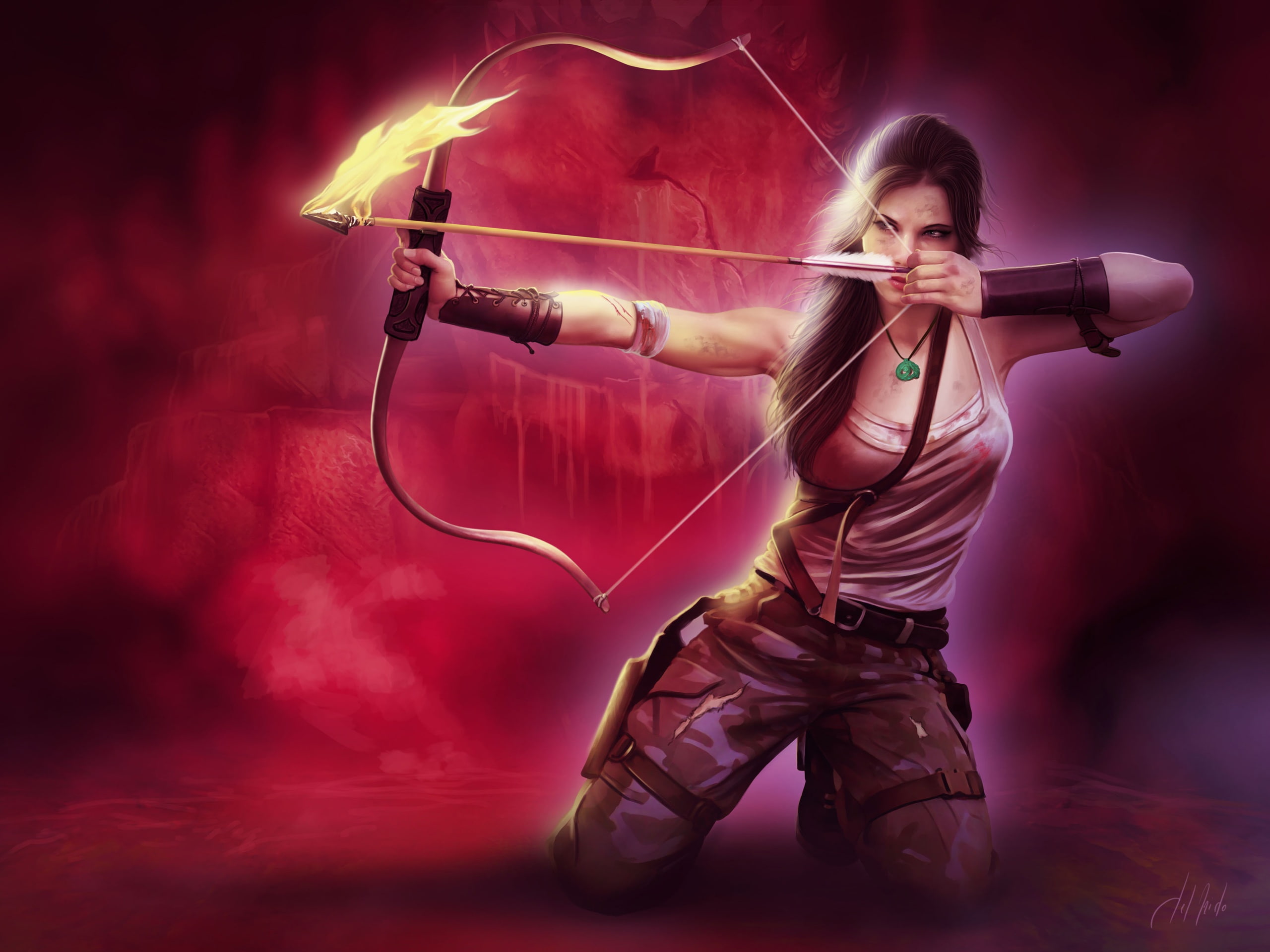 2K, woman, long, Croft, Raider, Lara, Arrow, Fire, character, Tomb, game, Girl, arrows, Bow, Beautiful, HD Wallpaper