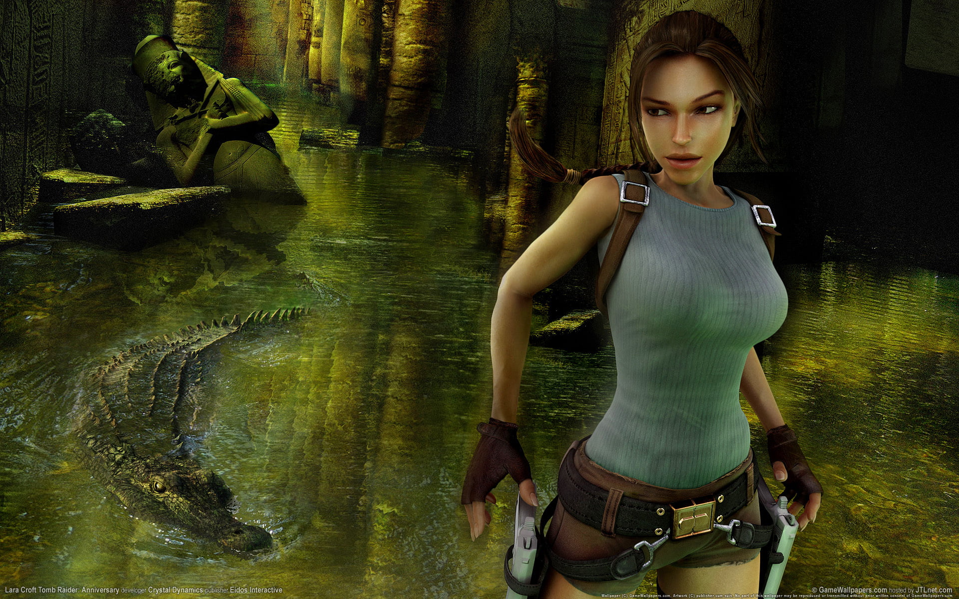 game, reflection, Lara Croft, tomb, 1080P, young adult, outdoors, fire, front view, portrait, casual clothing, real people, weapons, three quarter length, HD Wallpaper