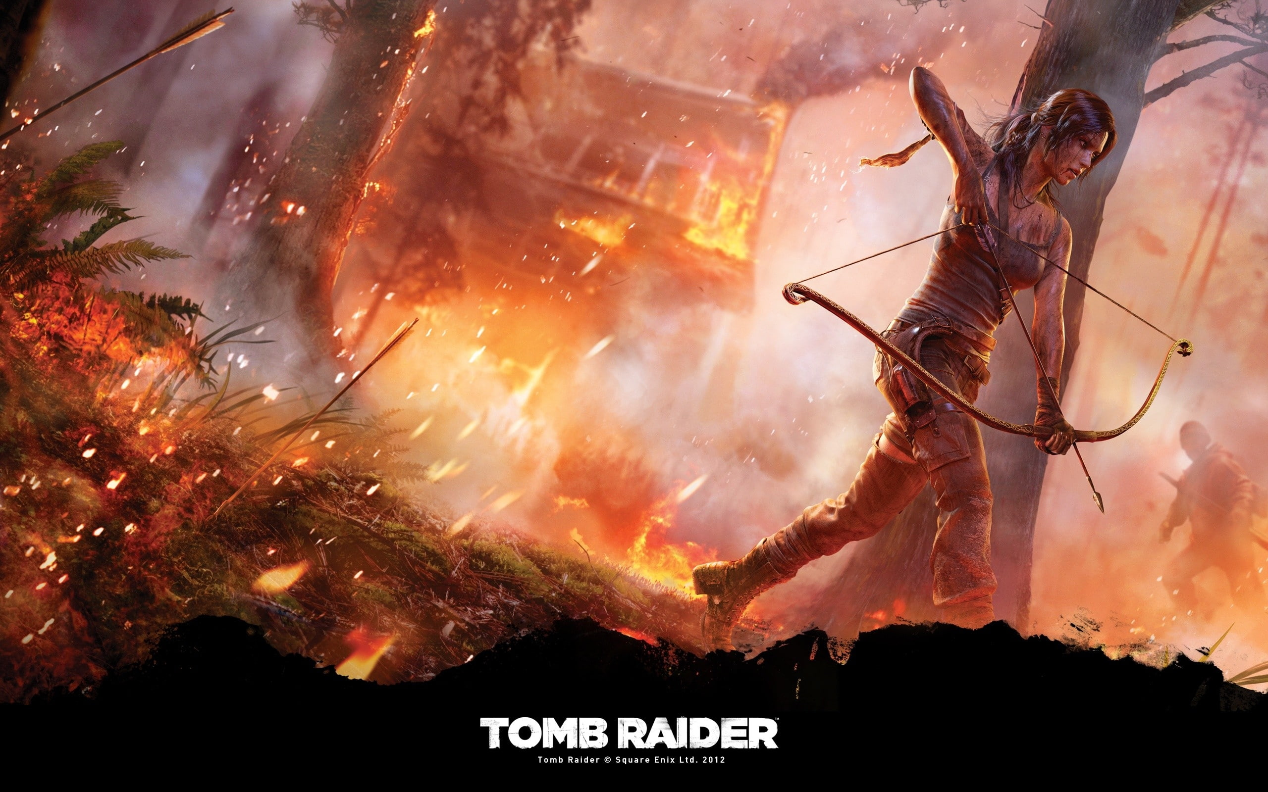 2K, fire, bow, raider, video games, croft, arrow, lara, tomb, hd, HD Wallpaper
