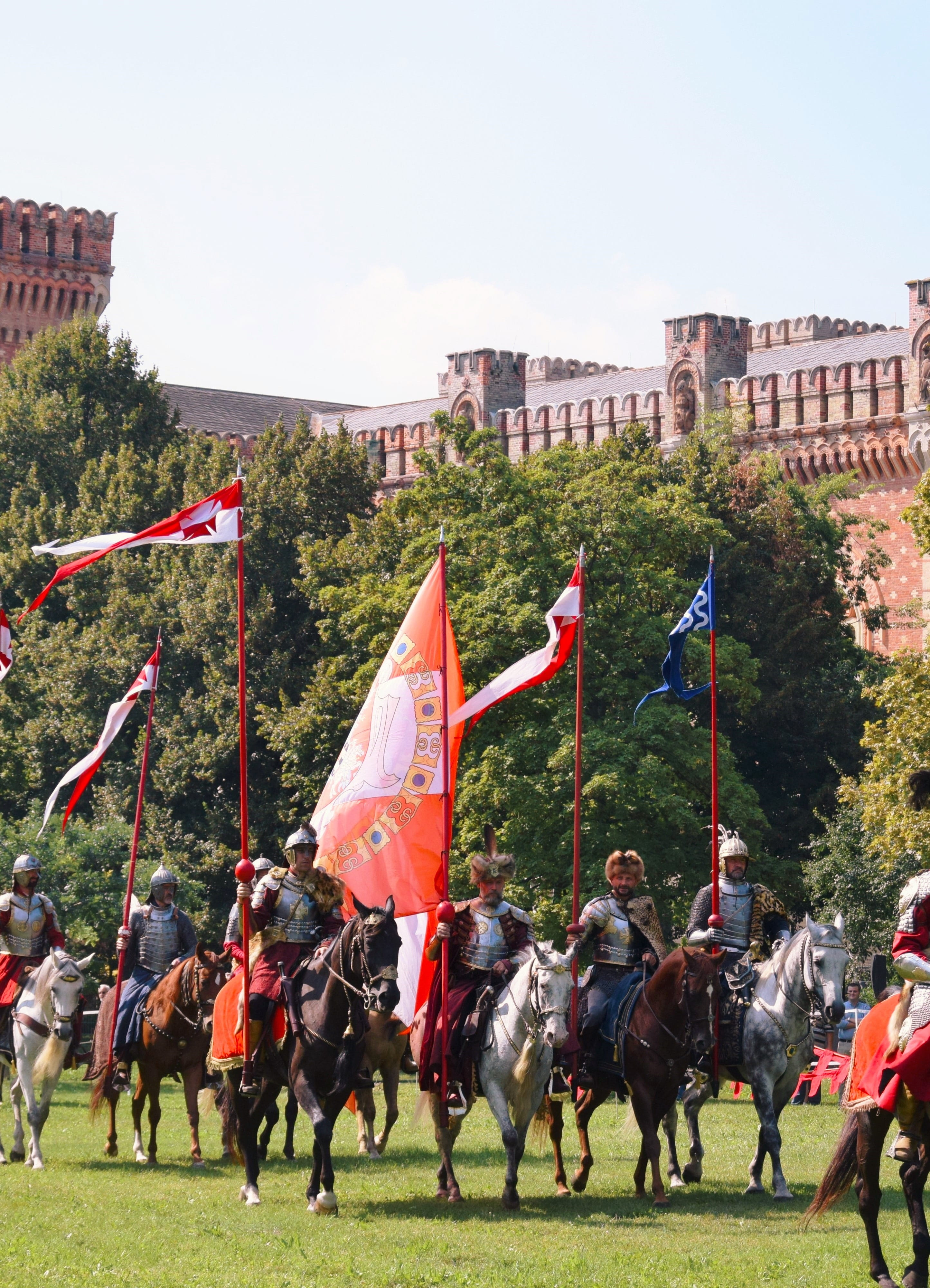 history, built structure, fight, plant, helm, flag, hussar, field, horse, outdoors, places of interest, armor, tree, polish, military history museum, knight, Phone HD Wallpaper