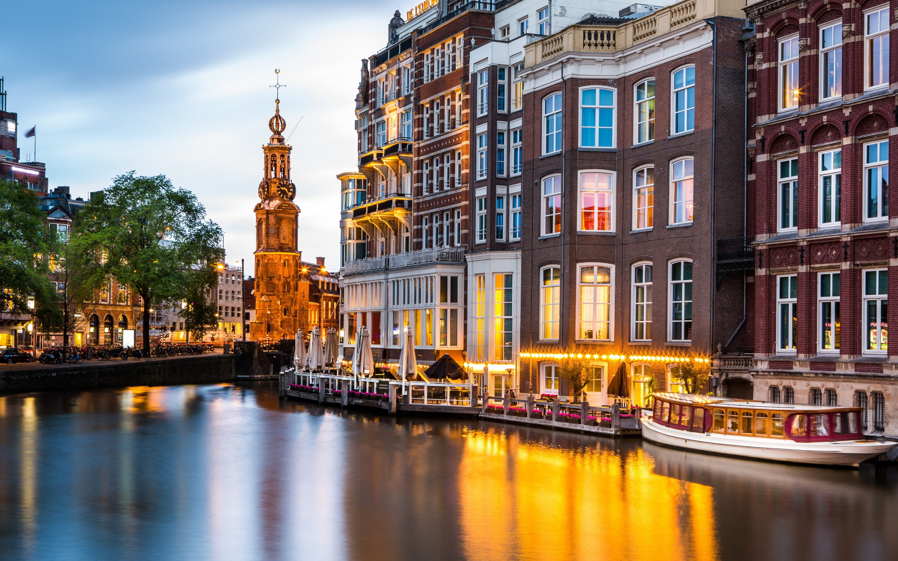 2K, munttoren channel, buildings, ship, Netherlands, Amsterdam, embankment, HD Wallpaper