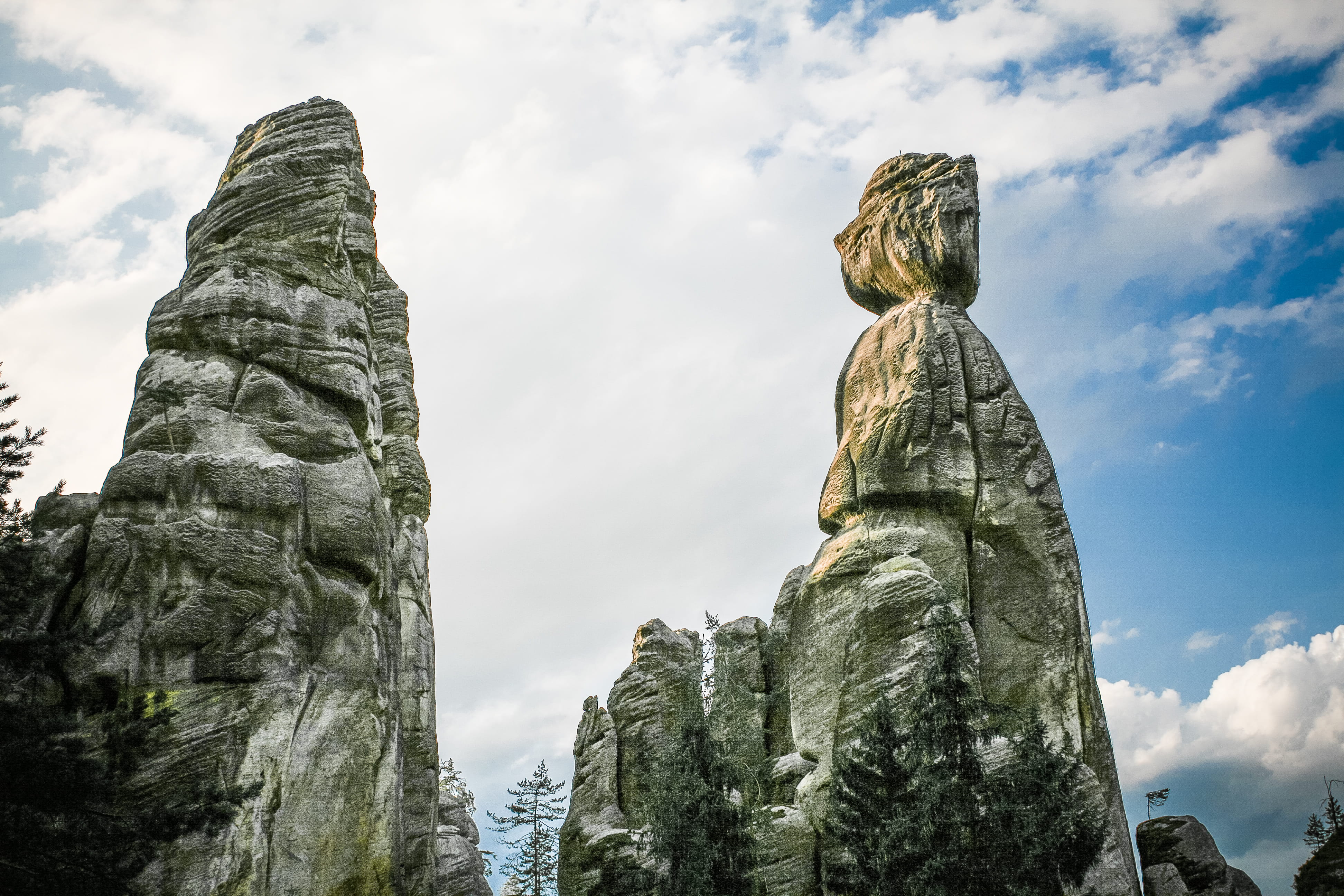 low angle view, sky, adrspach, rock - object, statue, rear view, czech, tree, asia, male likeness, 4K, Czech Republic, republic, spirituality, craft, human representation, HD Wallpaper