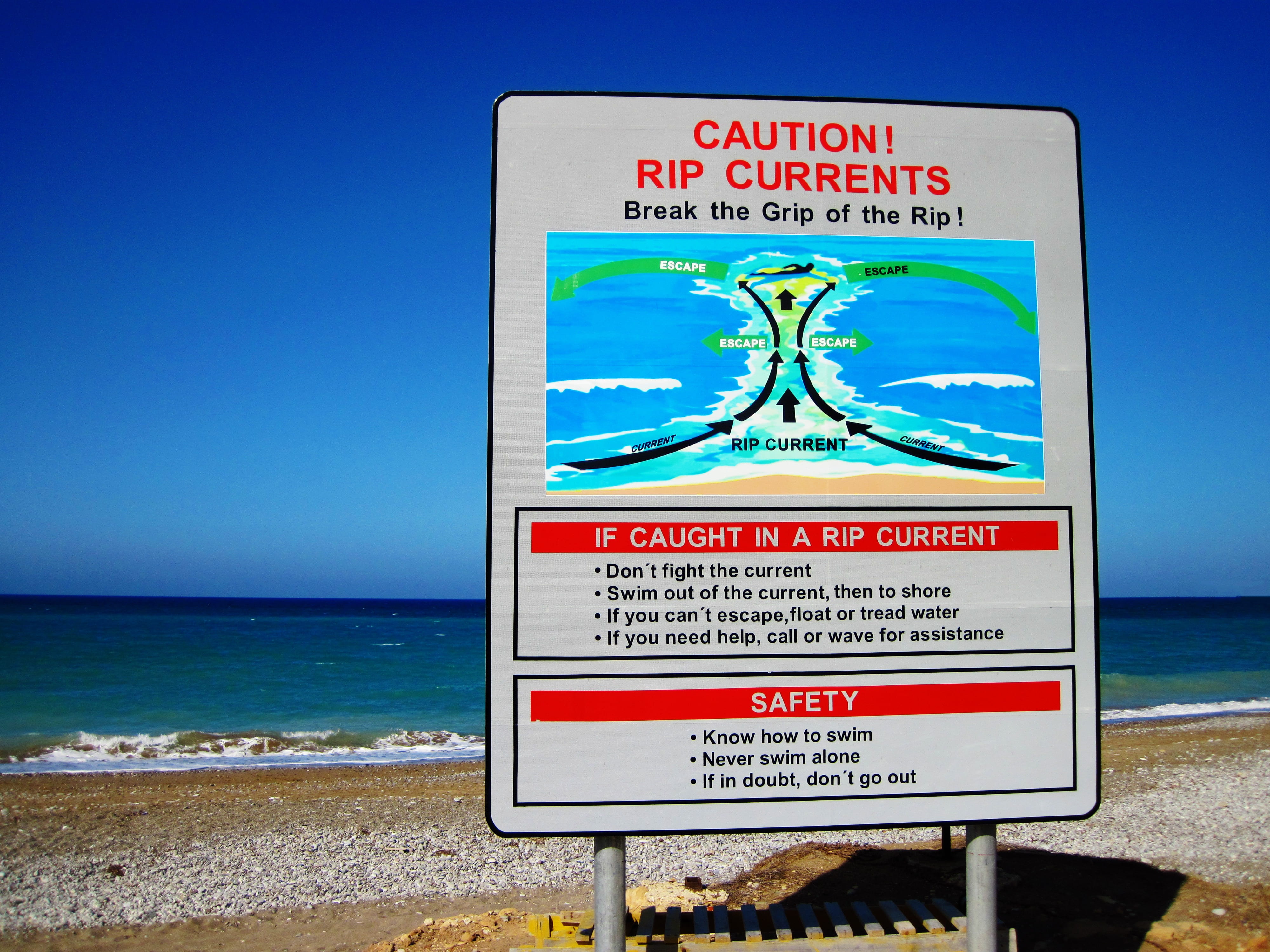 travel, sky, notice, sign, communication, security, rip, sea, ocean, warning, blue, dangerous, danger, travel destinations, land, horizon, safety, caution, HD Wallpaper