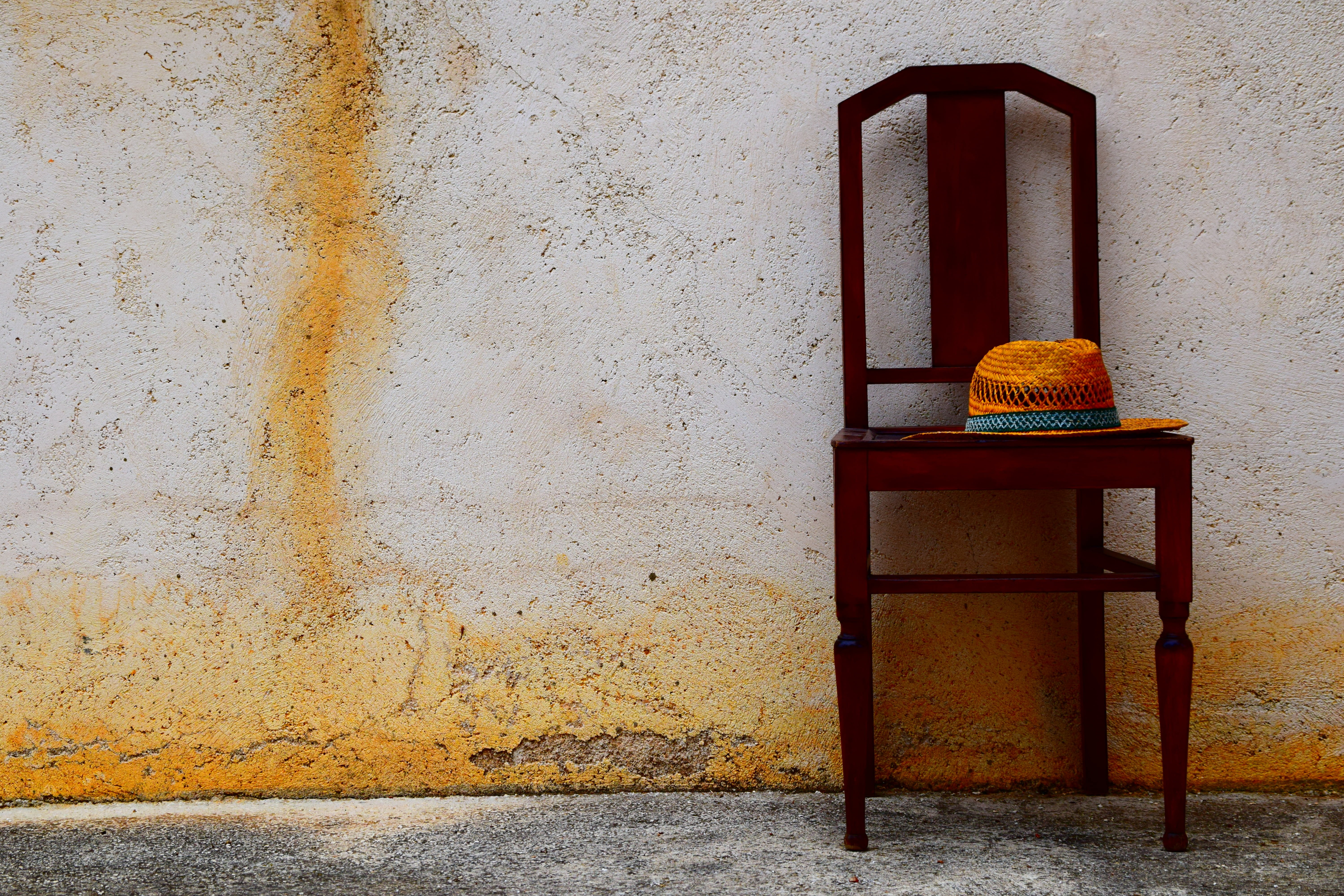 lonely, hat, south, arm, architecture, built structure, mood, wood - material, weathered, wait, 5K, abandoned, wall, simplicity, seat, orange color, art, HD Wallpaper
