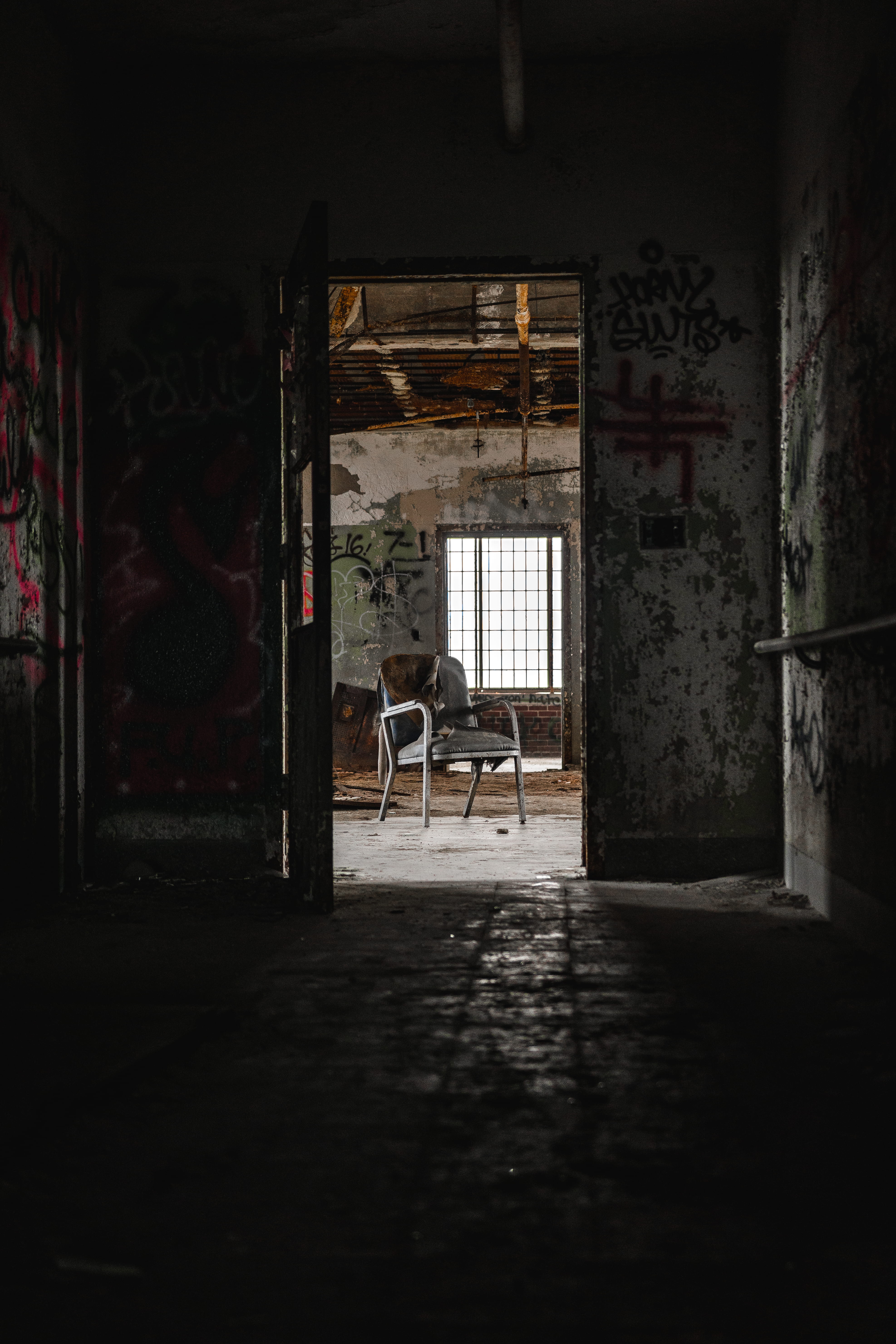 obsolete, damaged, old, domestic animals, absence, decline, seat, built structure, 5K, graffiti, ancient, entrance, door, run-down, abandoned building, Phone HD Wallpaper