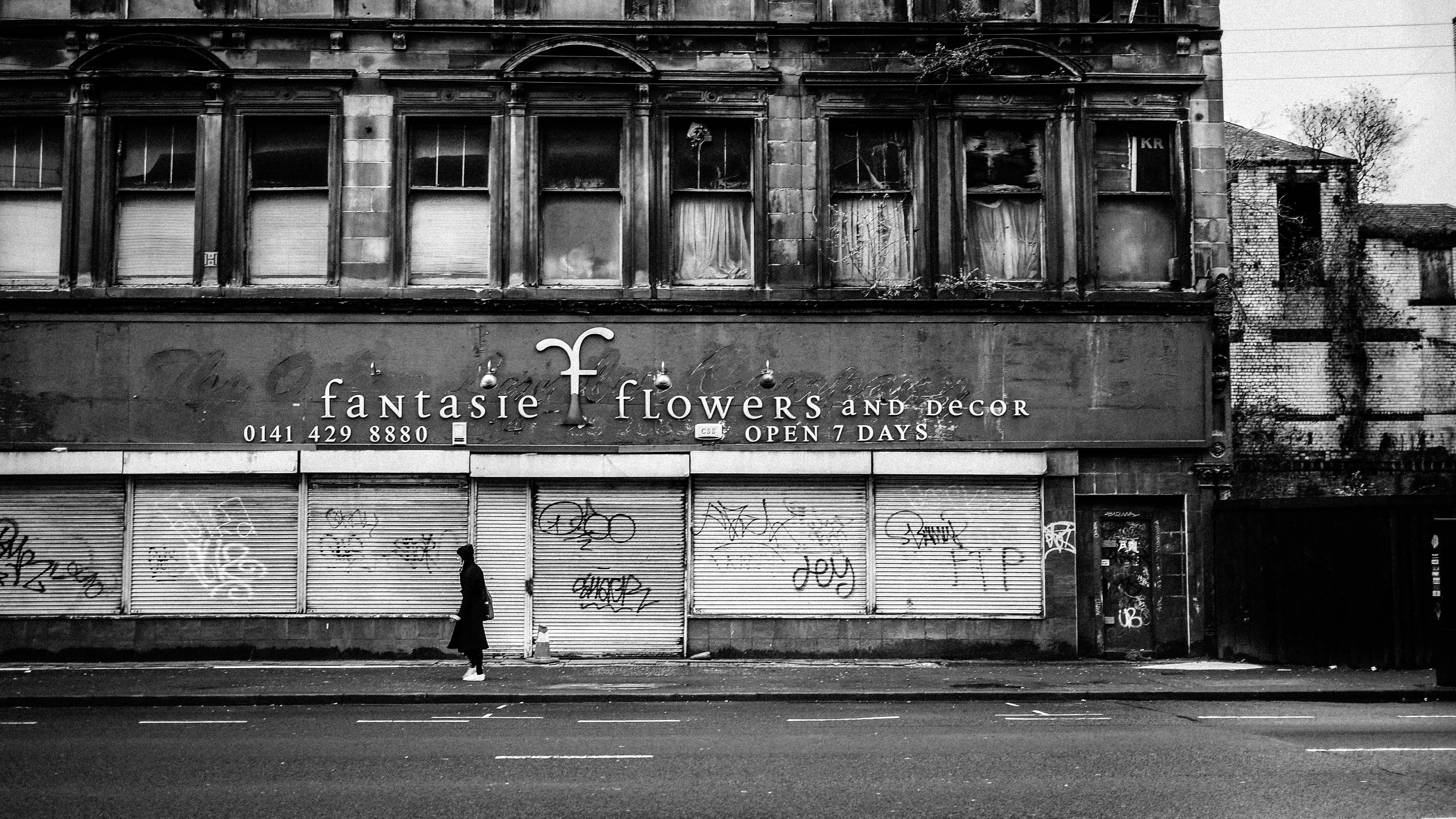 photo, day, road, real people, architecture, pavement, built structure, street, text, abandoned, flowers, sign, back and white, urban, shutter, old, building exterior, HD Wallpaper