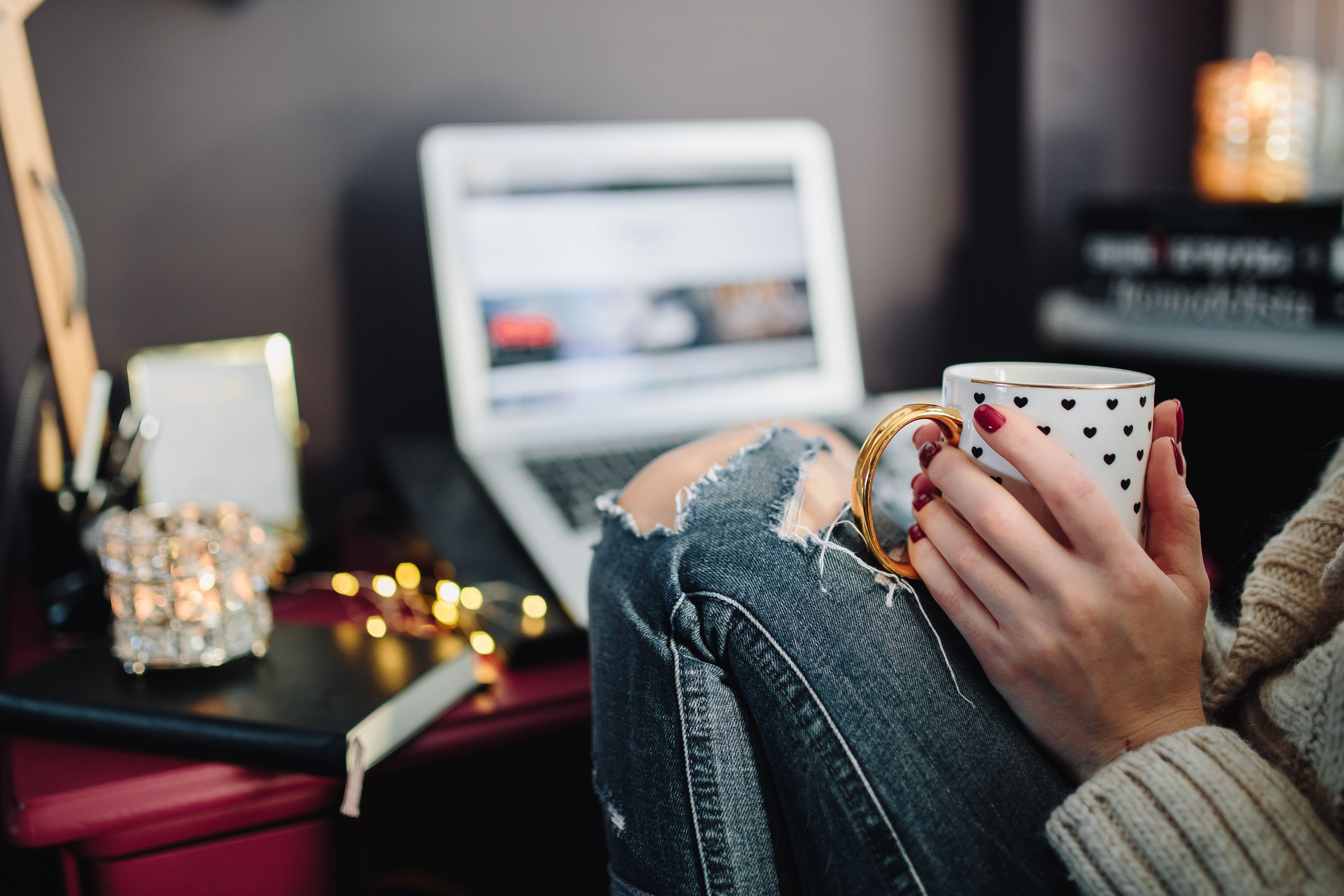 hygge, one man only, home office, laptop, home, human Hand, macbook, comfortable, casual clothing, wireless Technology, drinking, drink, office, cozy, young, HD Wallpaper