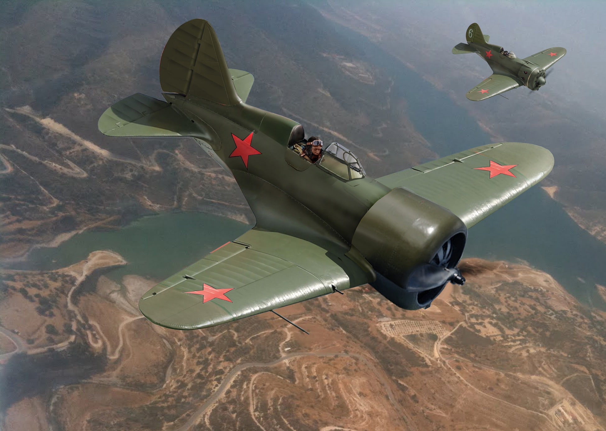 the sky, fighter - diskoplana, single-engine, airplane, art, piston, I-16 (TSKB-12), green, high speed, figure, 1080P, flight, Soviet, aircraft, HD Wallpaper