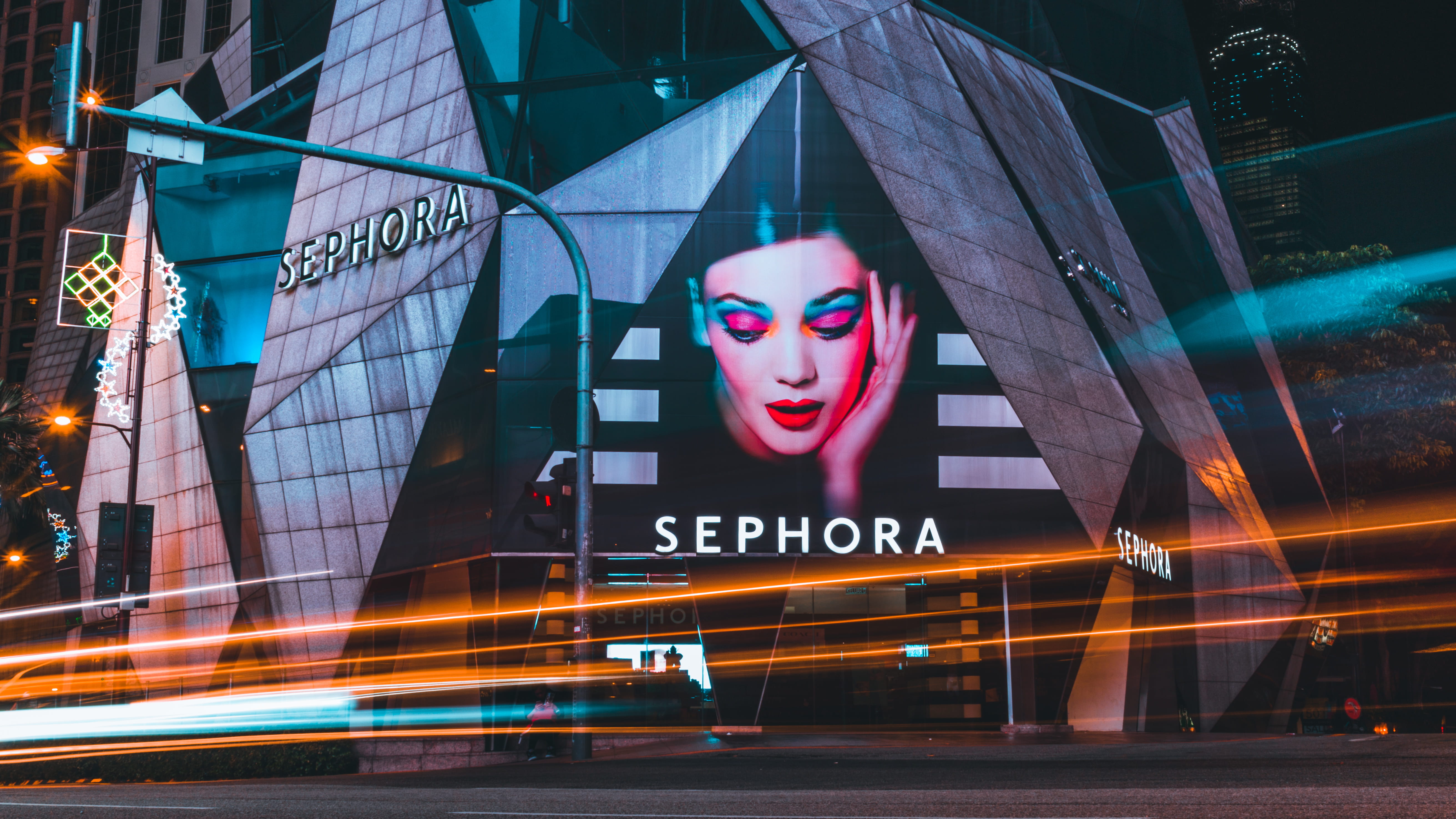 billboard, illuminated, night, motion, long exposure, office building exterior, 5K, representation, blurred motion, nature, night photography, photography, HD Wallpaper