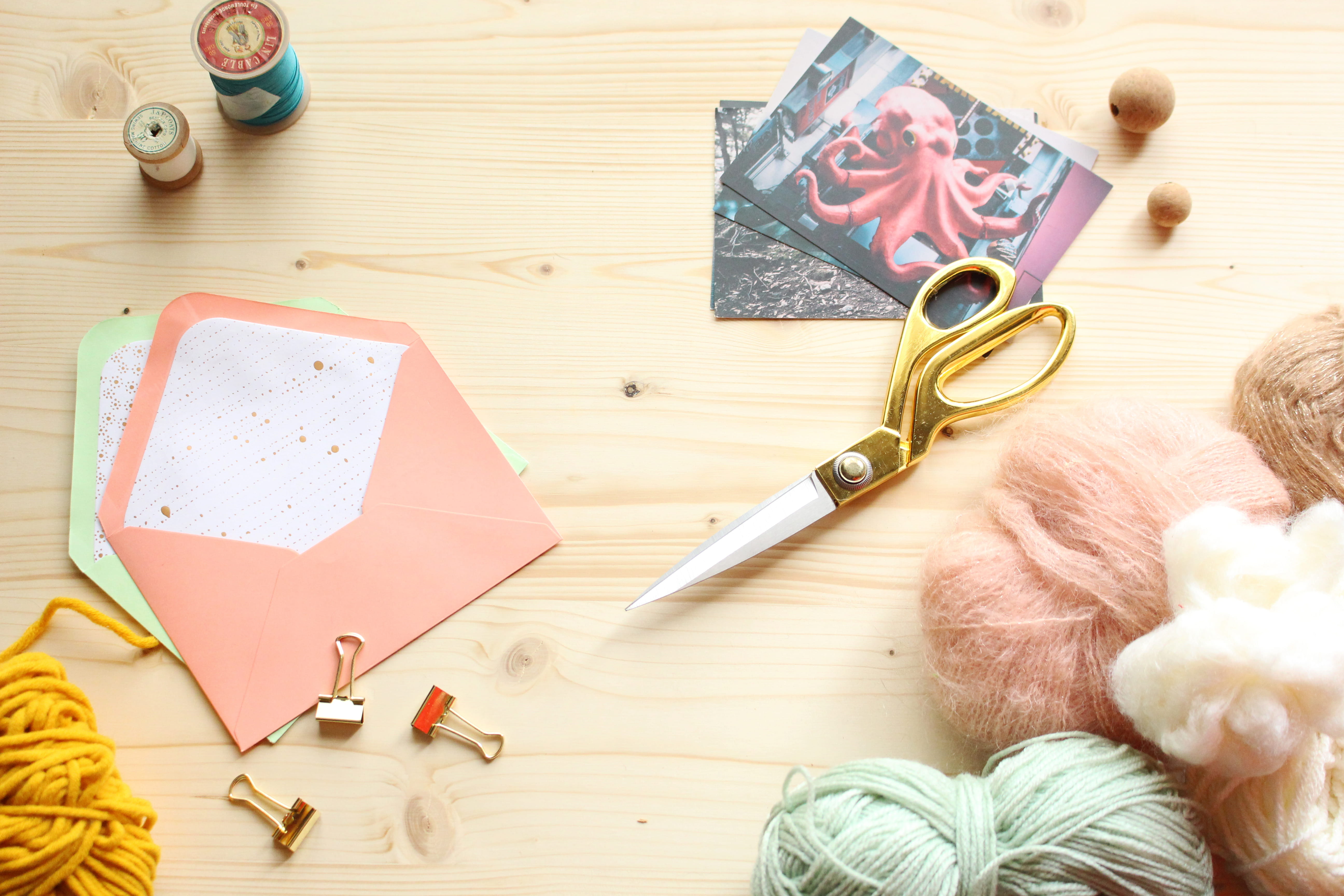 directly above, scissors, stationnery, table, still life, craft, close-up, wood - material, representation, diy, thread, enveloppe, book, wool, art and craft, HD Wallpaper