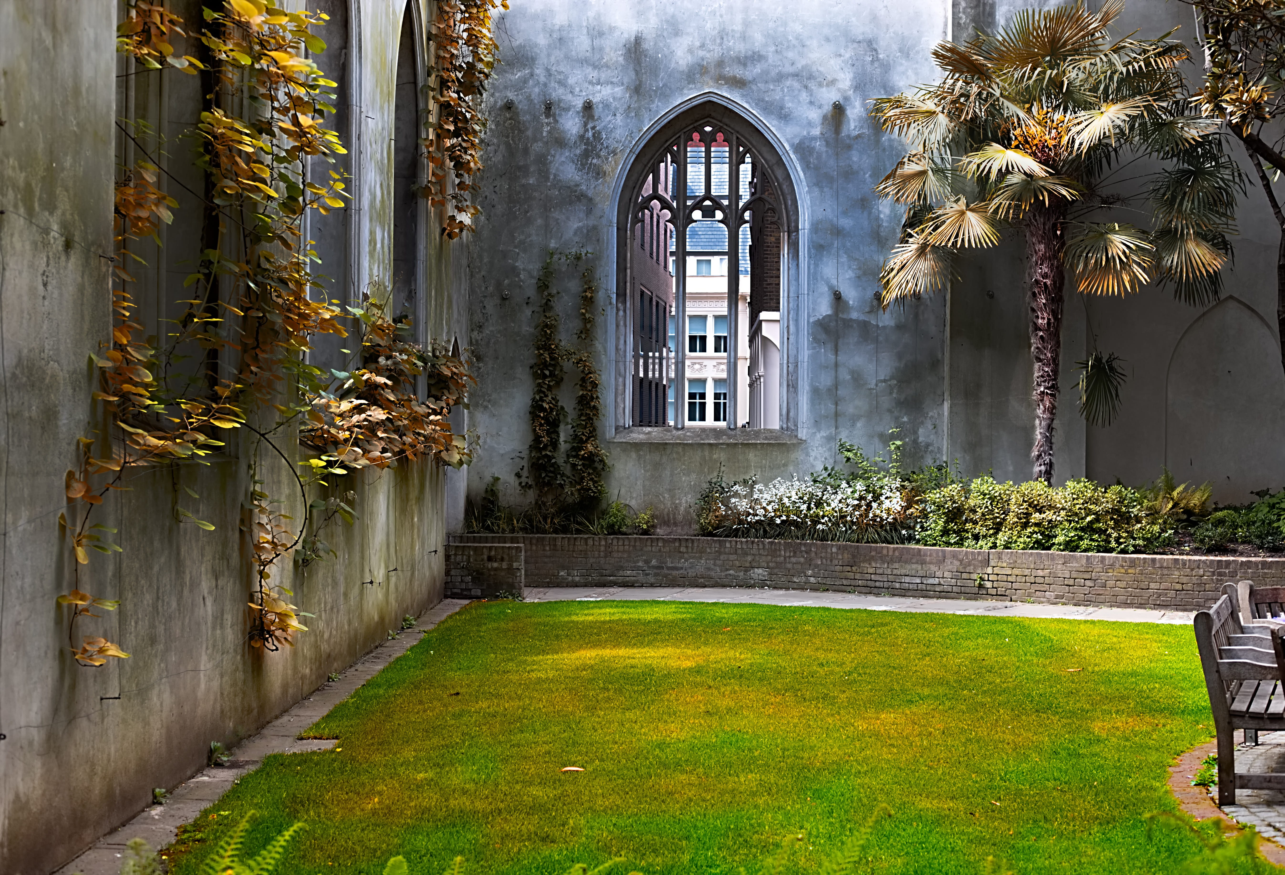 arch, concrete, day, no people, building, summer, grass, england, spring, field, palm tree, building exterior, yellow, garden, beside, walls, courtyard, HD Wallpaper