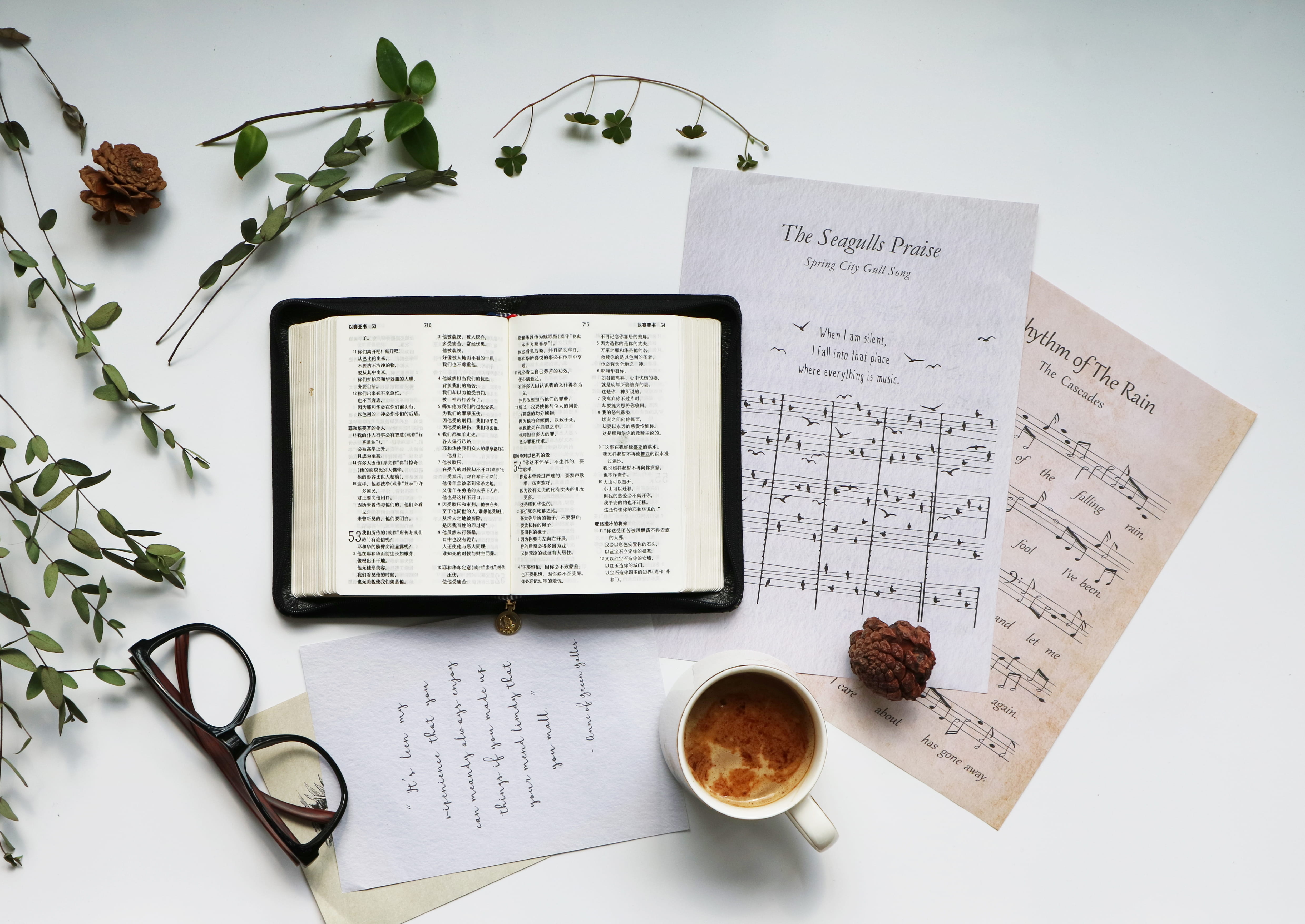 word, scissors, surface, cup, letter, freshness, high angle view, menu, holy bible, text, plant, diary, label, communication, weaponry, ceramic, 4K, pottery, HD Wallpaper