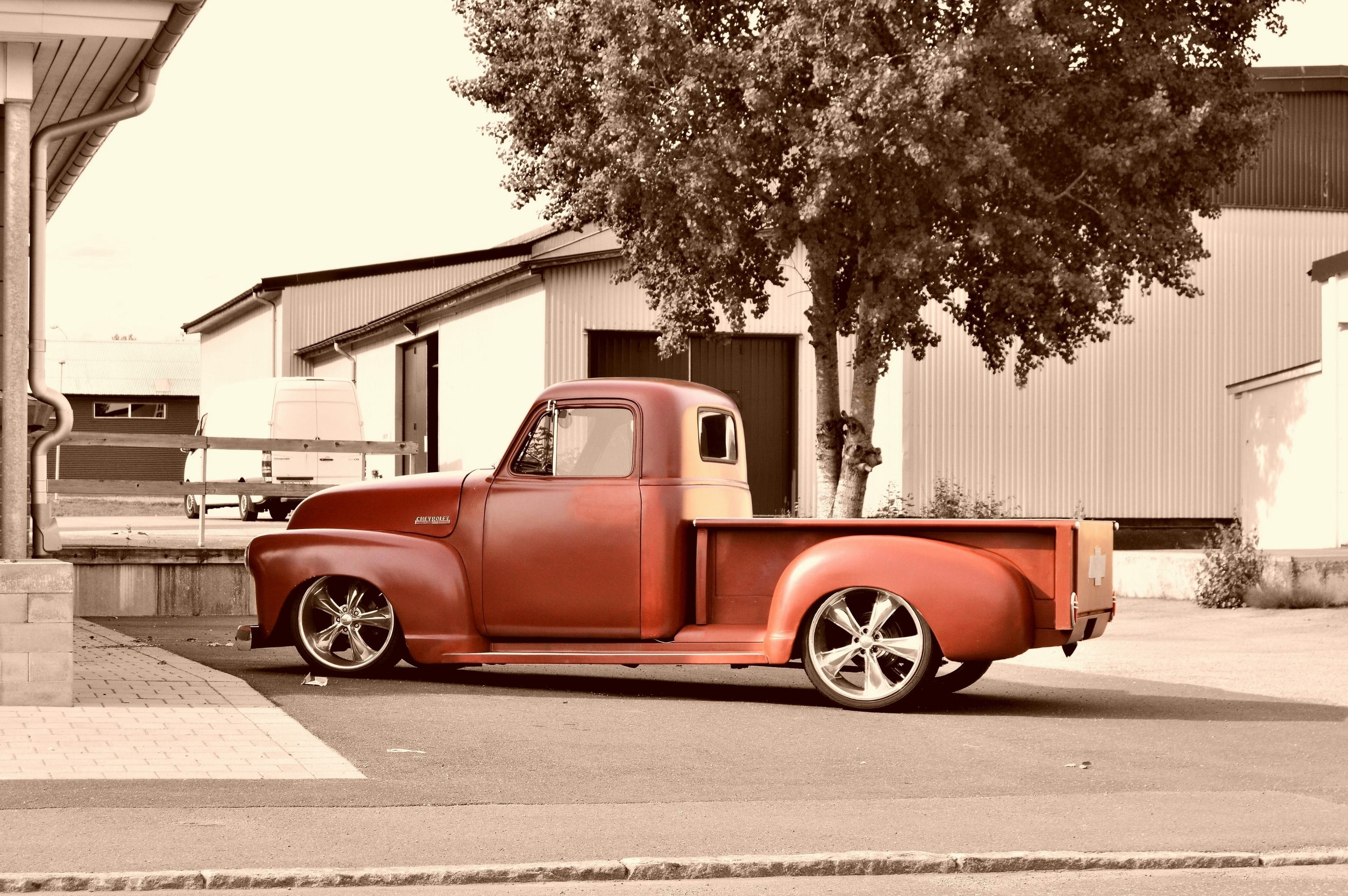 Car, city, cars, truck, land vehicle, wheels, transportation, retro styled, Chevy, wheel, stationary, chevy, trees, street, tree, Pickup, motor vehicle, HD Wallpaper