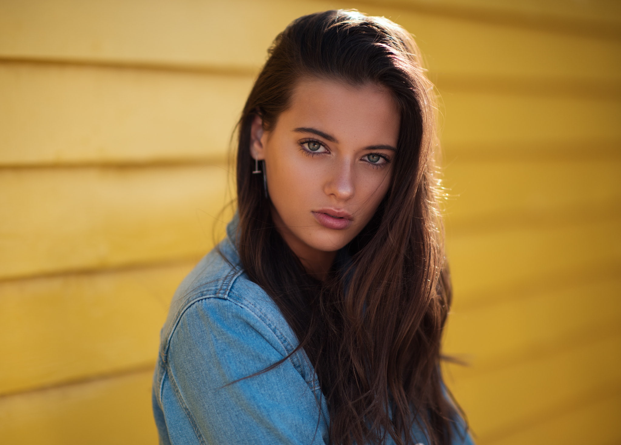 denim, jeans jacket, face, women, open mouth, 1080P, portrait, yellow background, HD Wallpaper
